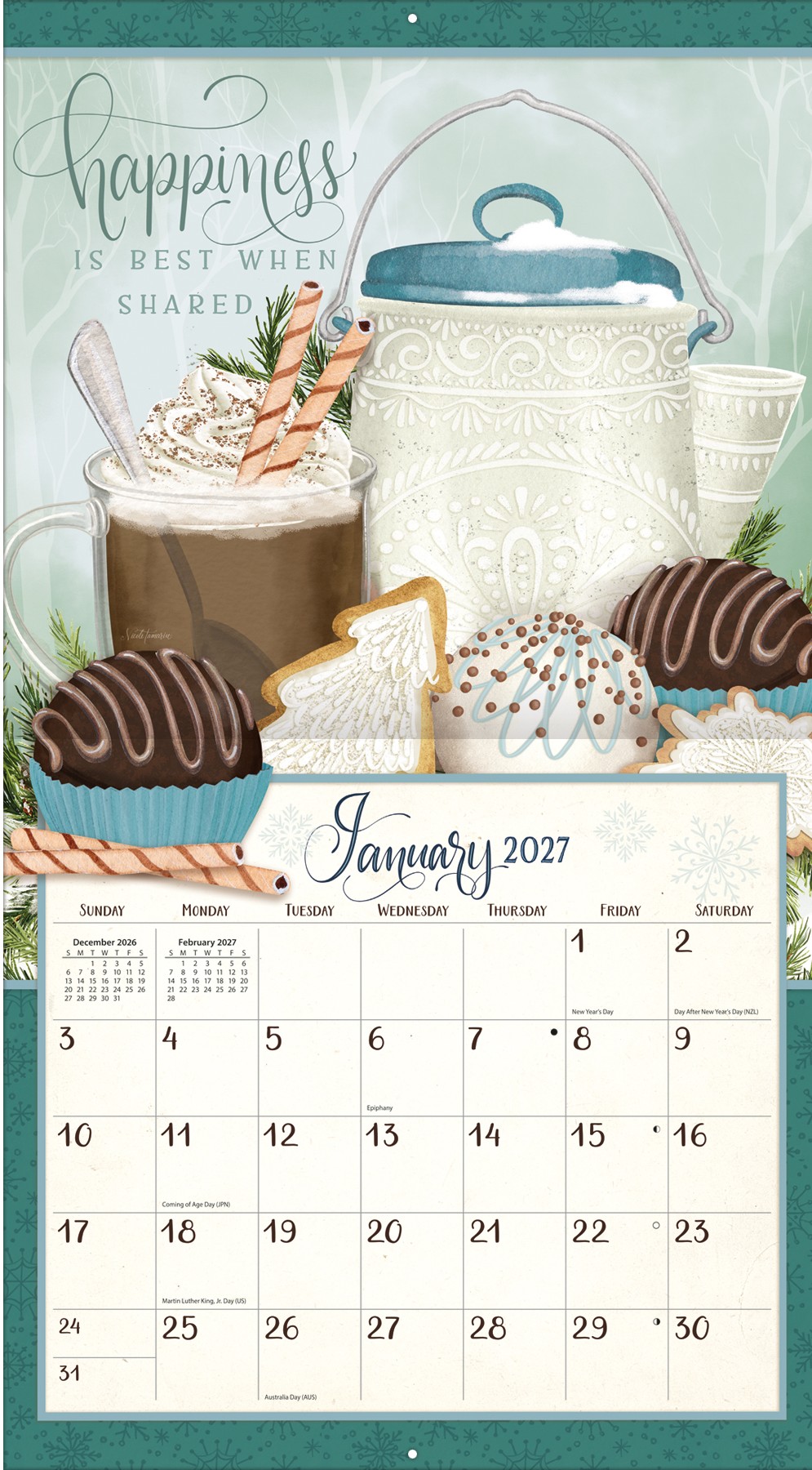 Wandkalender Abundant Friendship 2027 met detailweergave van één maand en illustratie.