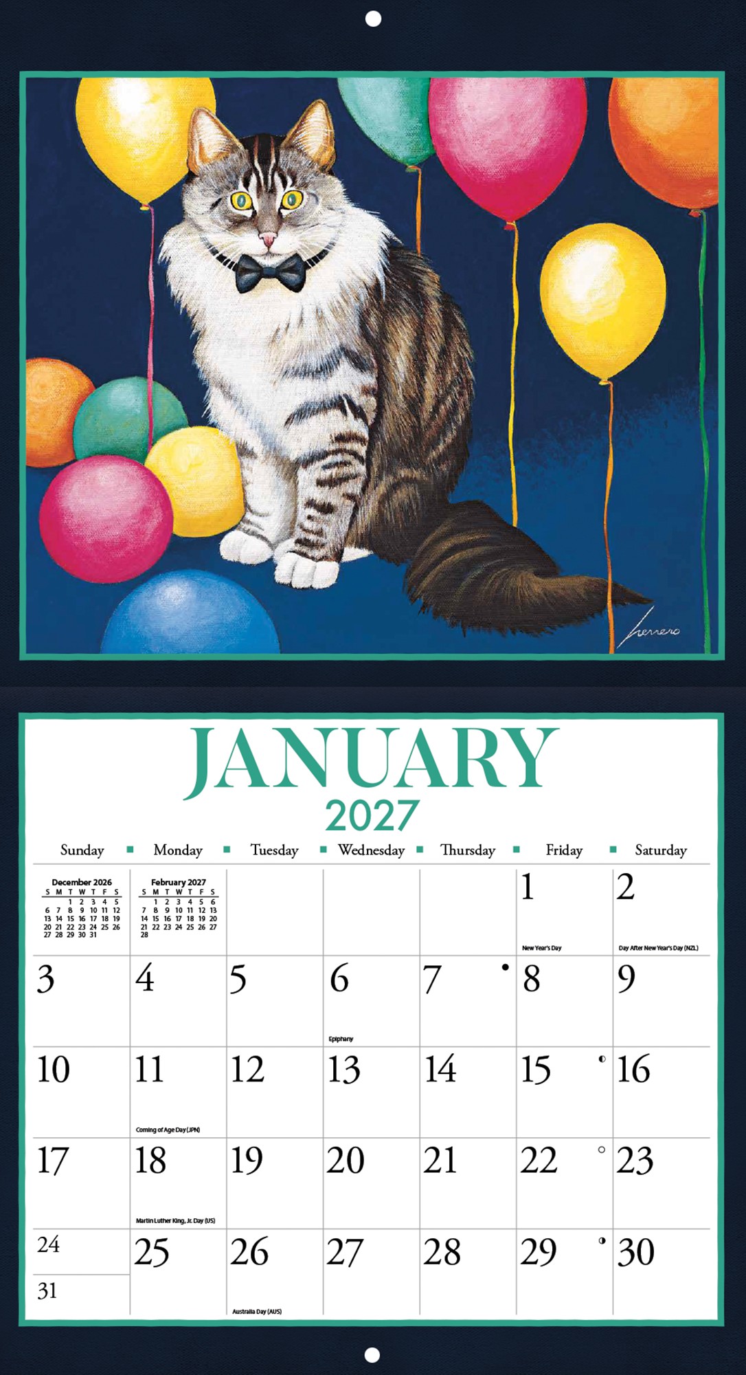 Wandkalender American Cat 2027 met detailweergave van één maand en kattenillustratie.