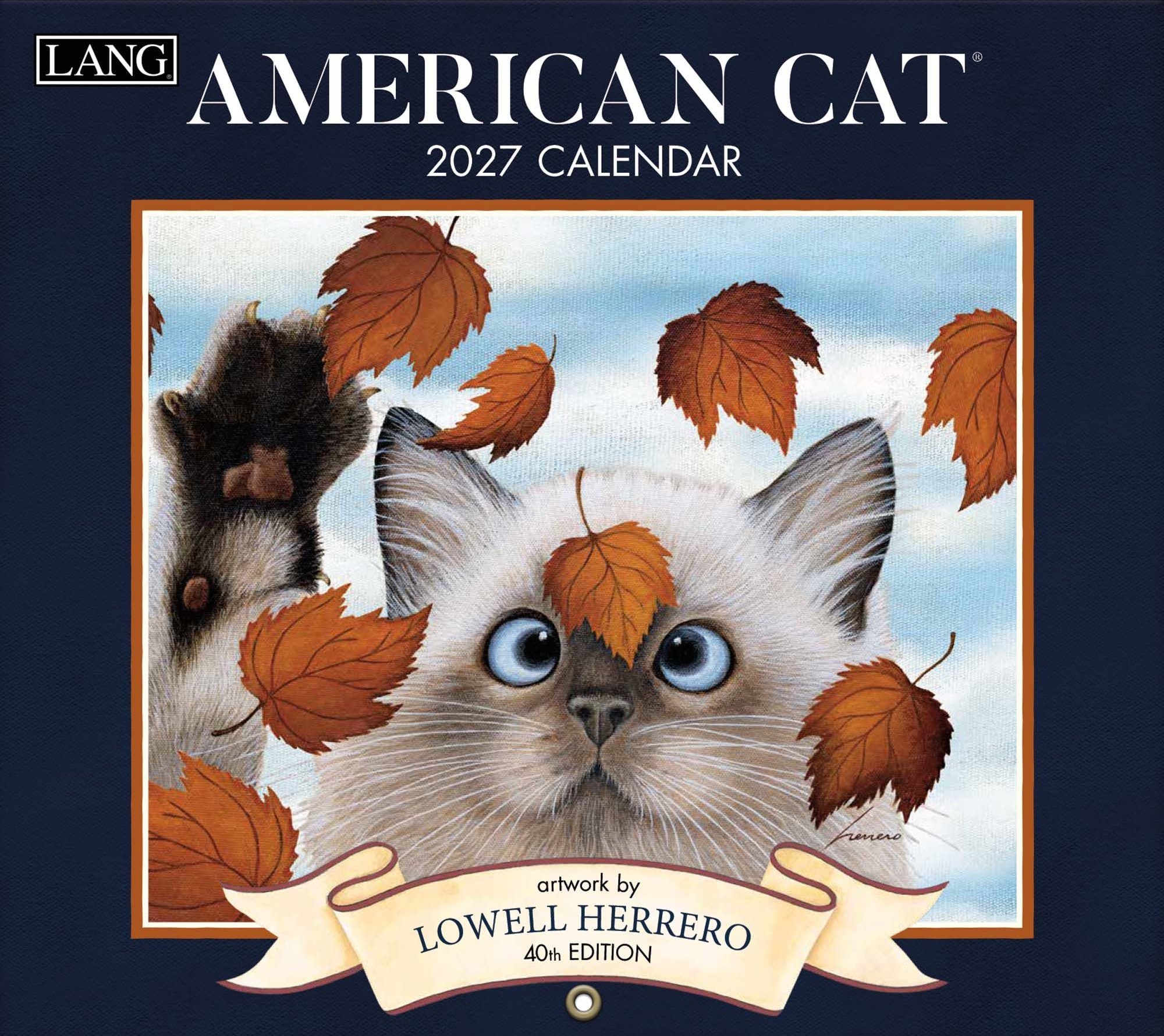2027 kalender American Cat met vrolijke en decoratieve kattenkunst van Lowell Herrero.