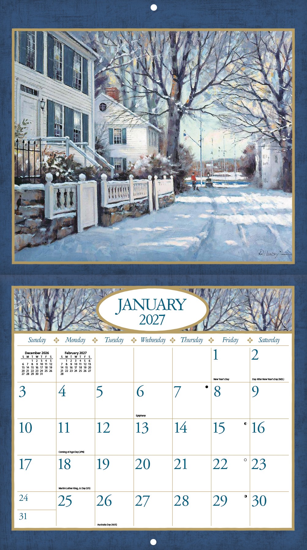 American Dream 2027 Lang Kalender 27661001890-03 Kalender American Dream opengevouwen met volledige indeling zichtbaar aan de muur.