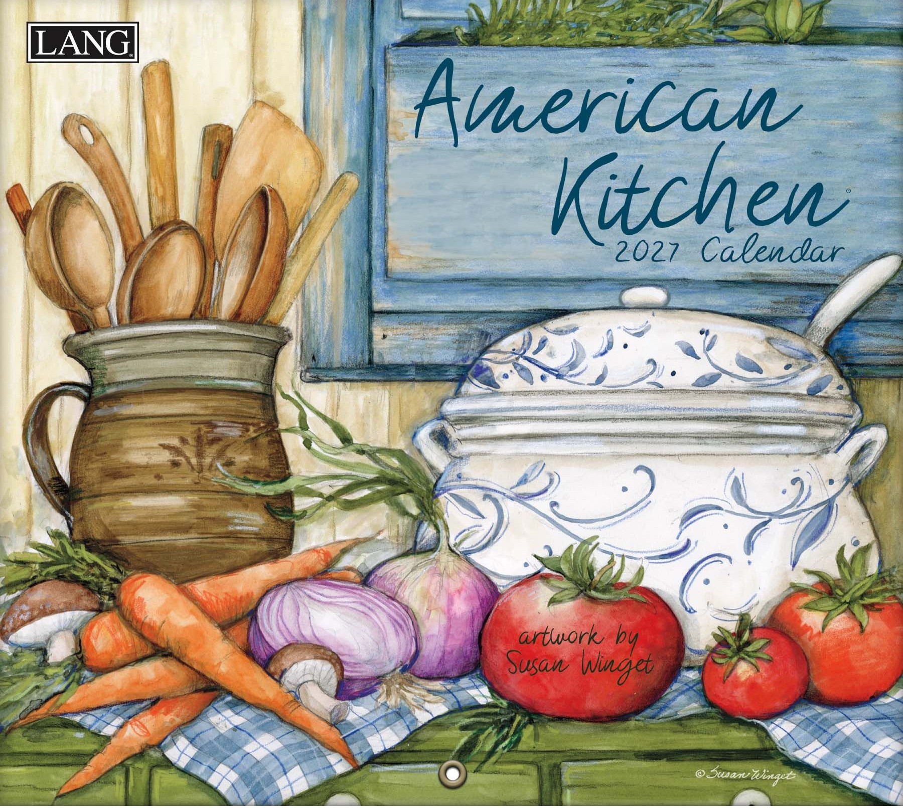 Wandkalender ‘American Kitchen 2027’ met sfeervolle keuken- en kookillustraties.