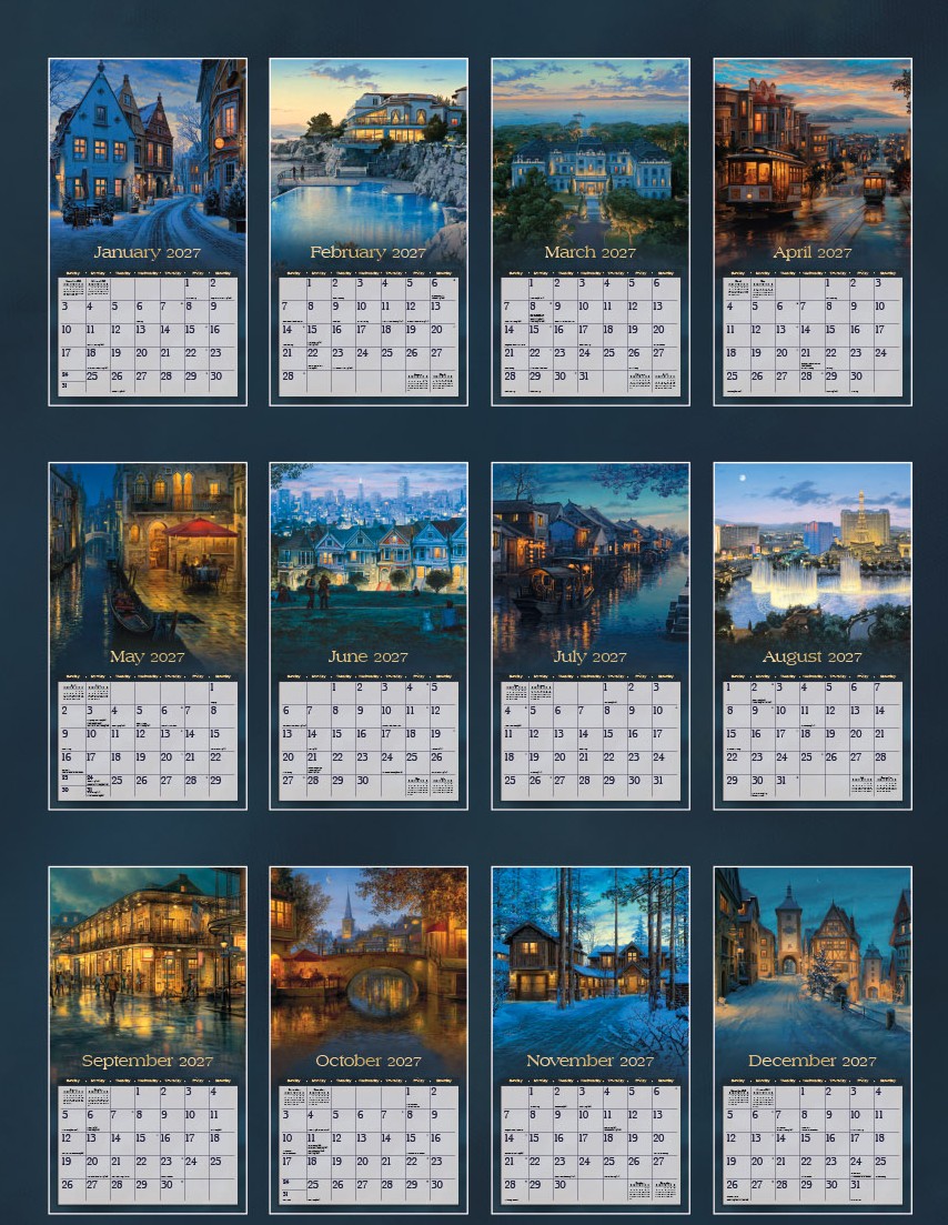 Around the World 2027 Lang Kalender 27991001892-02 2027 Around the World kalender met alle maandillustraties van stadsgezichten in één overzicht.