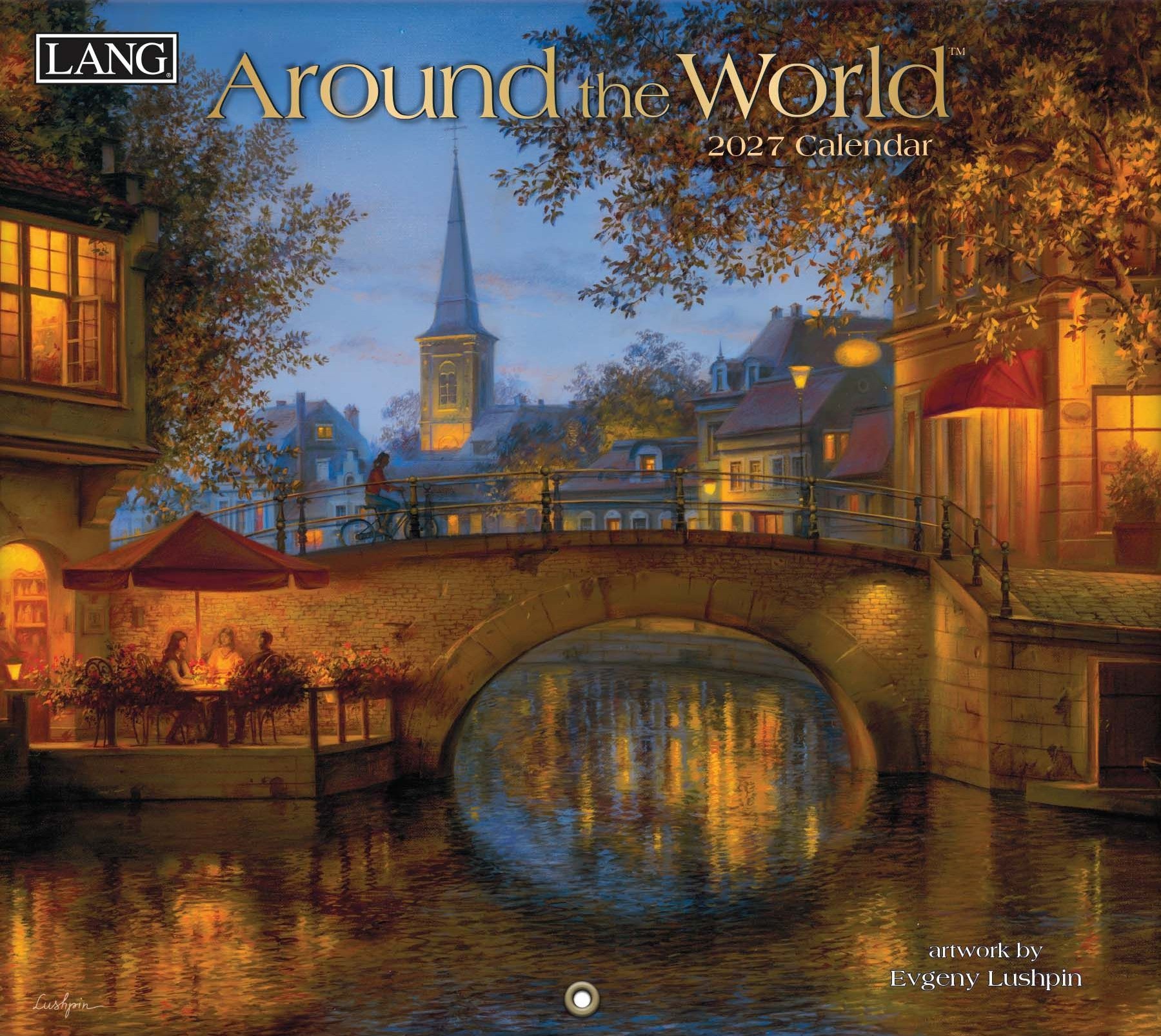 Evgeny Lushpin 2027 kalender Around the World met realistische schilderijen van steden en reisscènes.