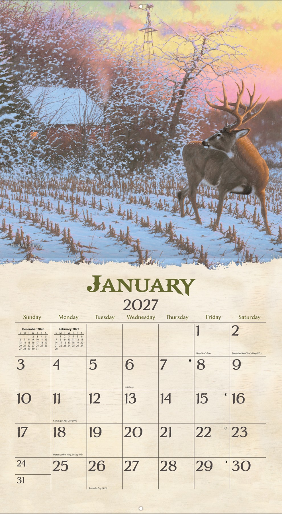 Beyond the Woods 2027 kalender van Michael Sieve volledig opengevouwen als geheel aan de muur.