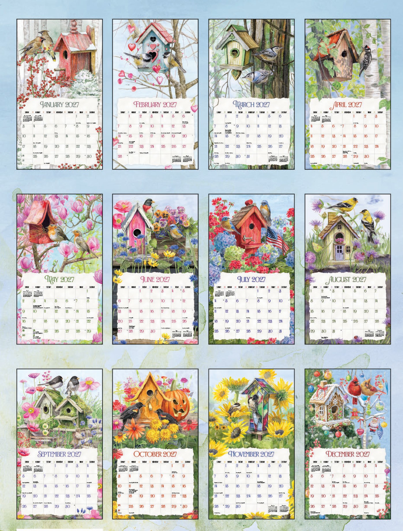 Birdhouses 2027 Lang Kalender 27991001850-1 2027 Birdhouses kalender met alle maandillustraties van vogelhuisjes en tuinscènes in één overzicht.