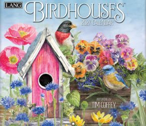 Wandkalender ‘Birdhouses 2027’ van Tim Coffey met kleurrijke vogelhuisjes en natuurillustraties.