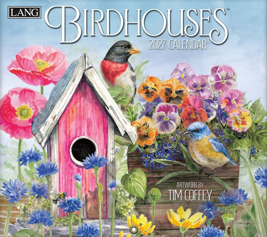 Wandkalender ‘Birdhouses 2027’ van Tim Coffey met kleurrijke vogelhuisjes en natuurillustraties.