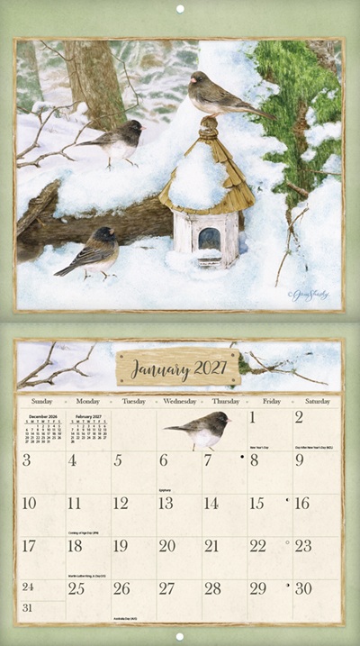 Birds in the Garden 2027 kalender van Jane Shasky opengevouwen met voorbeeld van één maand.