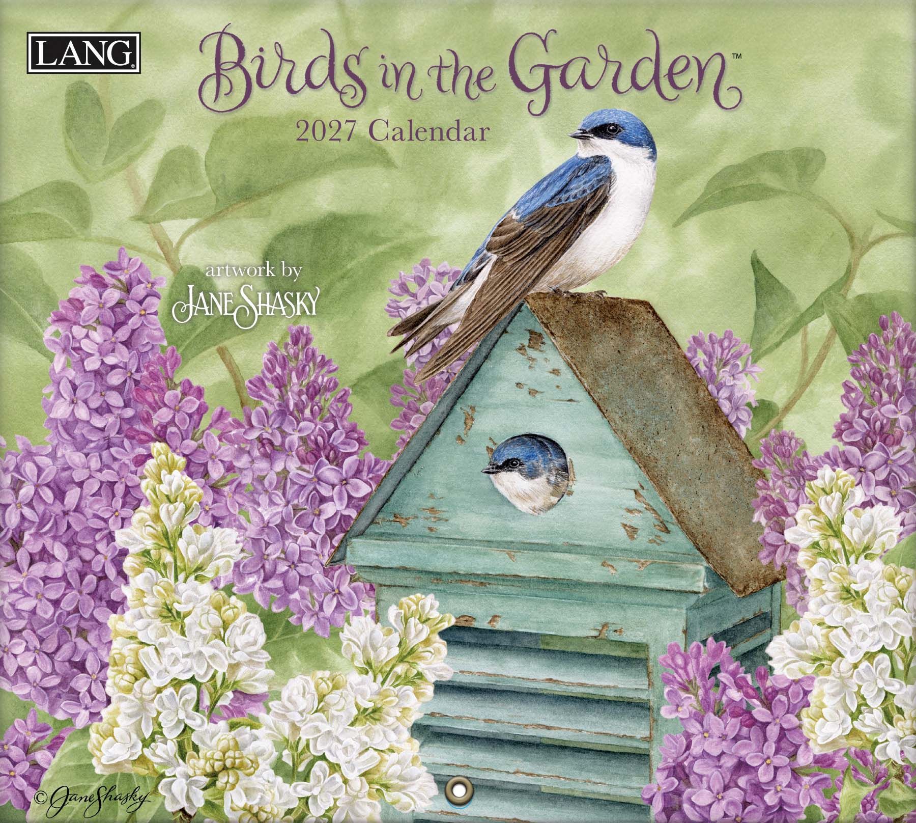 Jane Shasky 2027 kalender Birds in the Garden met sfeervolle vogel- en bloemenillustraties.