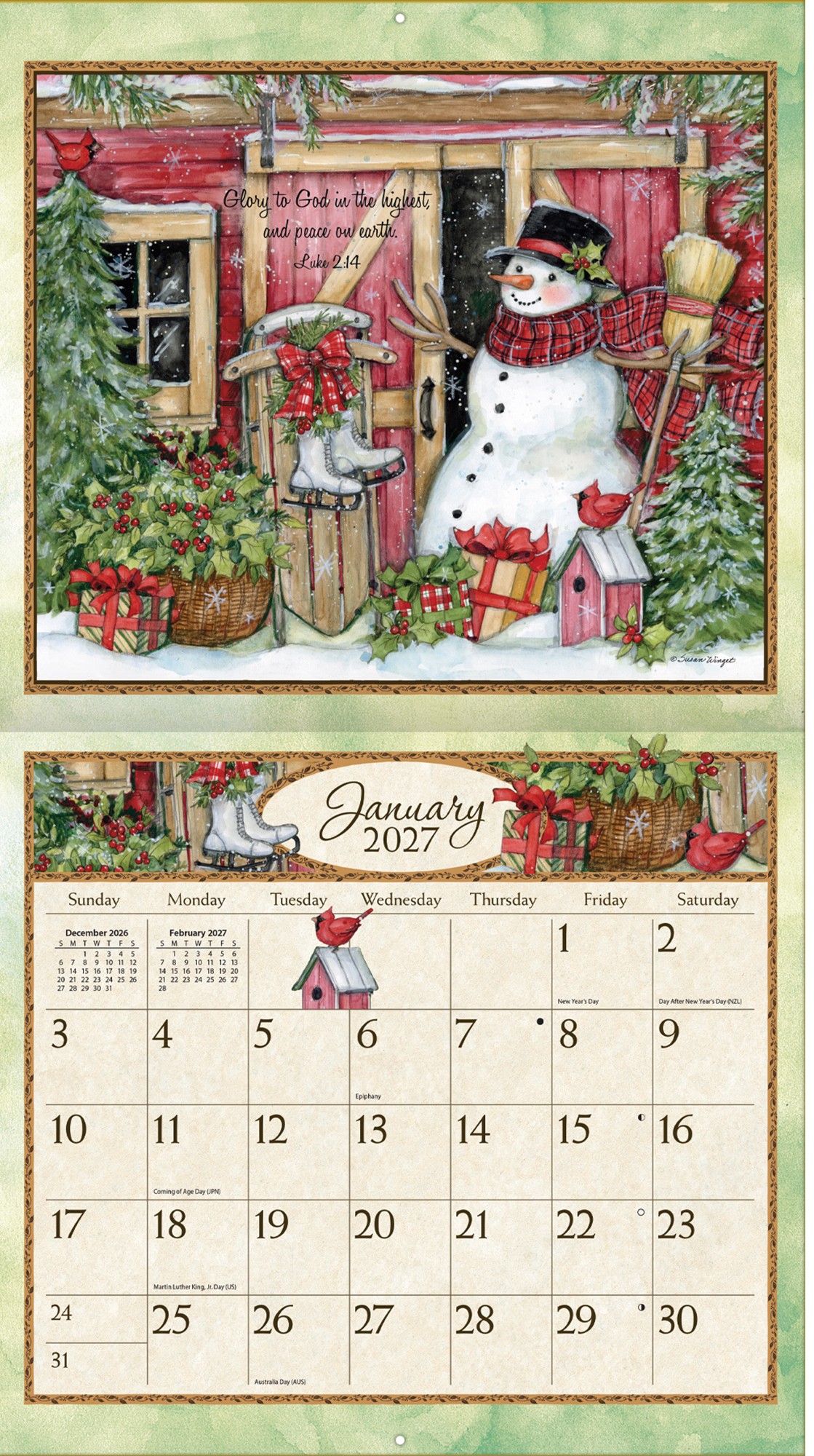 Bountiful Blessings 2027 Lang Kalender 27991001897-03 Bountiful Blessings 2027 met detailweergave van één maand en landelijke illustratie