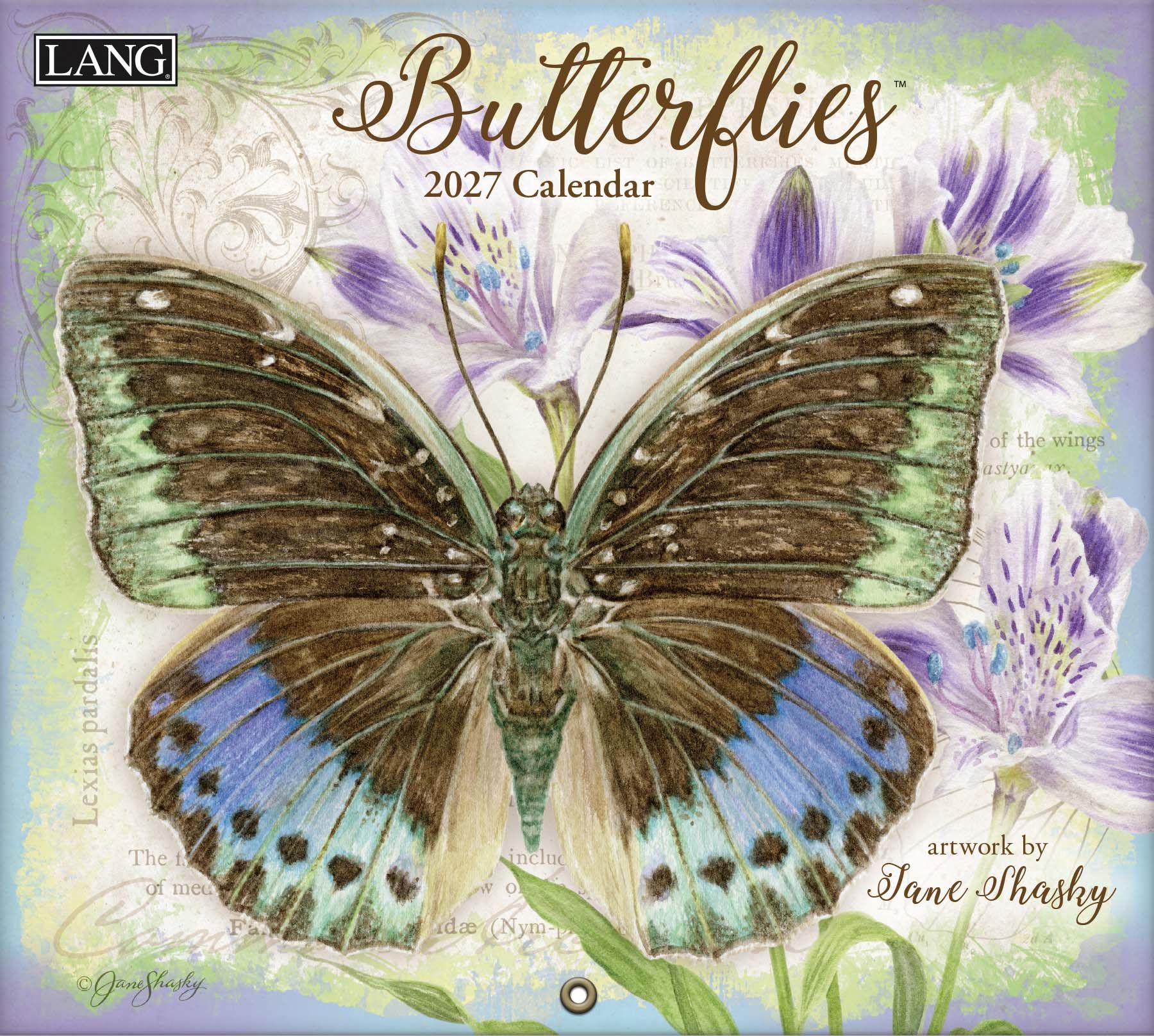 Wandkalender ‘Butterflies 2027’ van Jane Shasky met kleurrijke vlinder- en bloemenillustraties.
