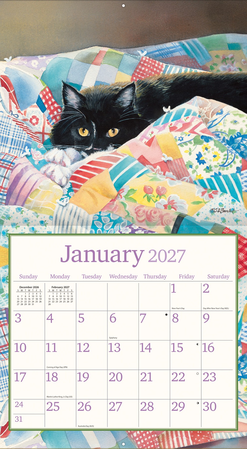 Cats in the Country 2027 Lang Kalender 27991001899-03 Kalender van Susan Bourdet opengevouwen met volledige indeling zichtbaar aan de muur.