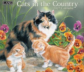Wandkalender ‘Cats in the Country’ van Susan Bourdet met katten in landelijke natuurillustraties.