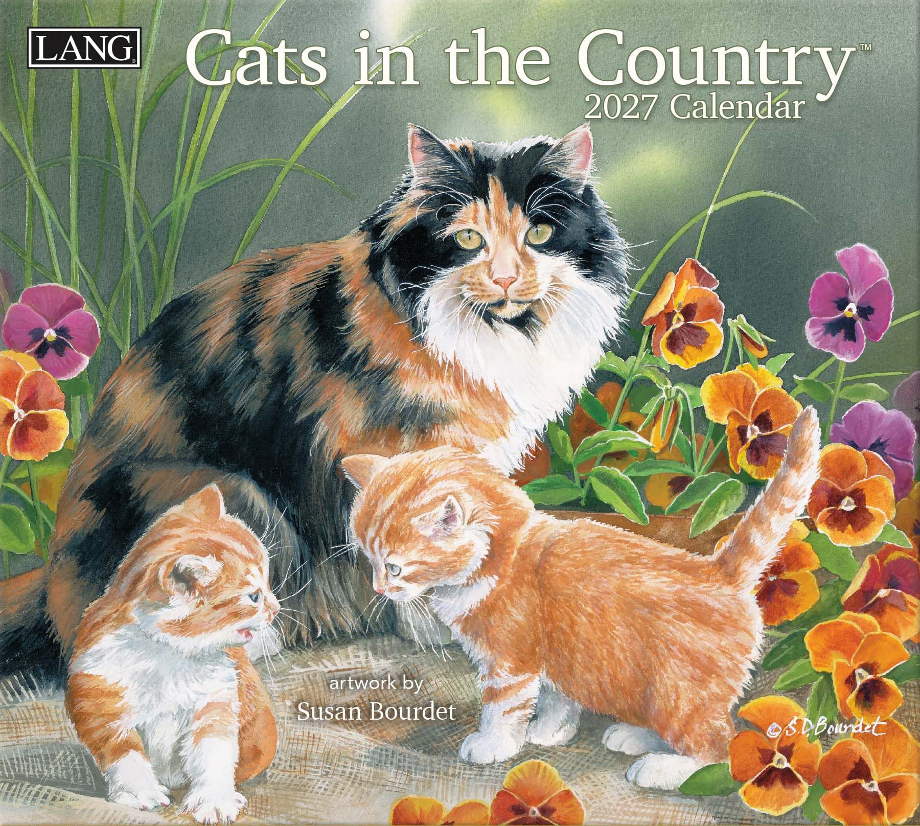 Cats in the Country 2027 Lang Kalender Wandkalender ‘Cats in the Country’ van Susan Bourdet met katten in landelijke natuurillustraties.