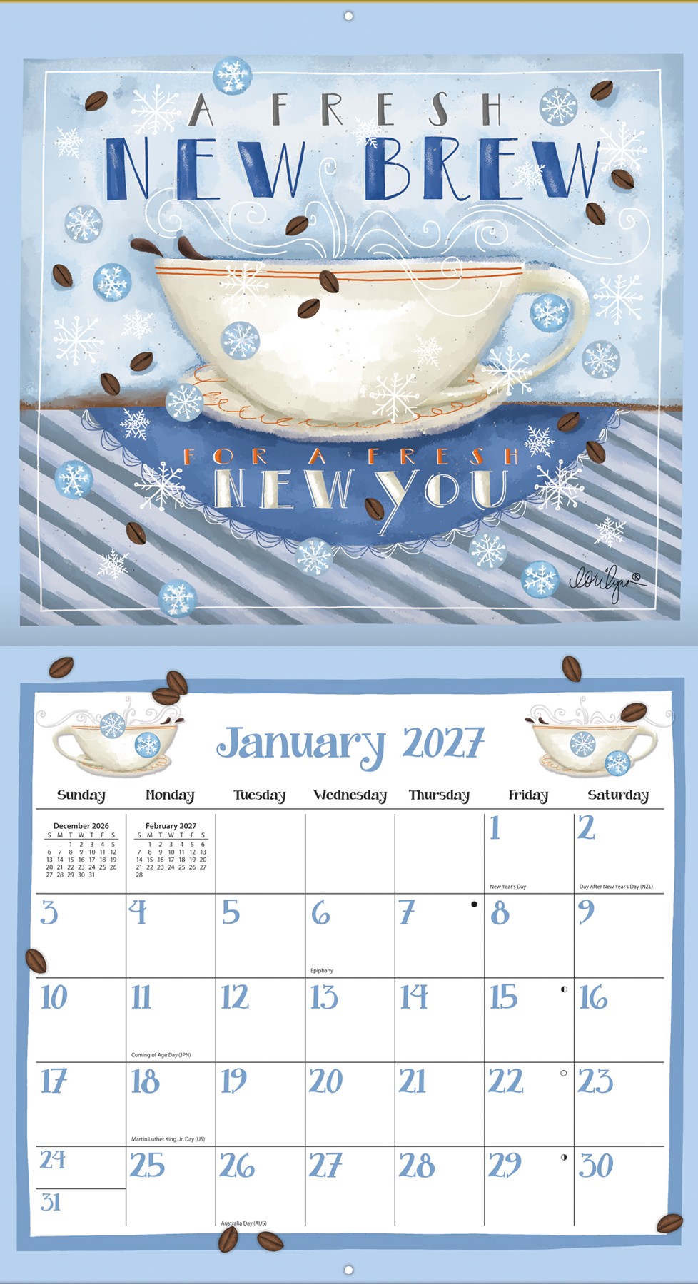 Wandkalender Coffee 2027 met detailweergave van één maand en mooie koffie-illustratie.