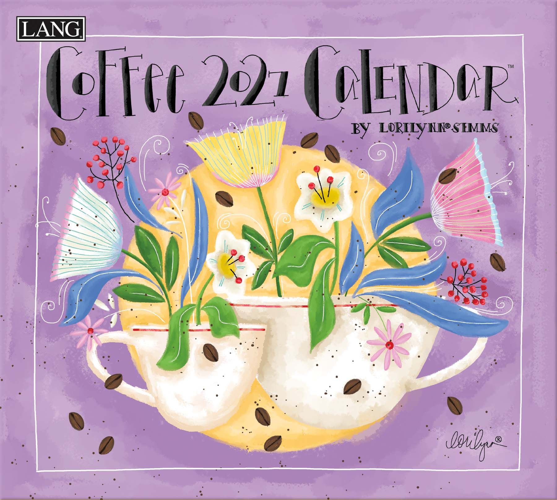 Lang kalender Coffee 2027 met illustraties van koffie, mokken en keukenscènes van LoriLynn Simms.