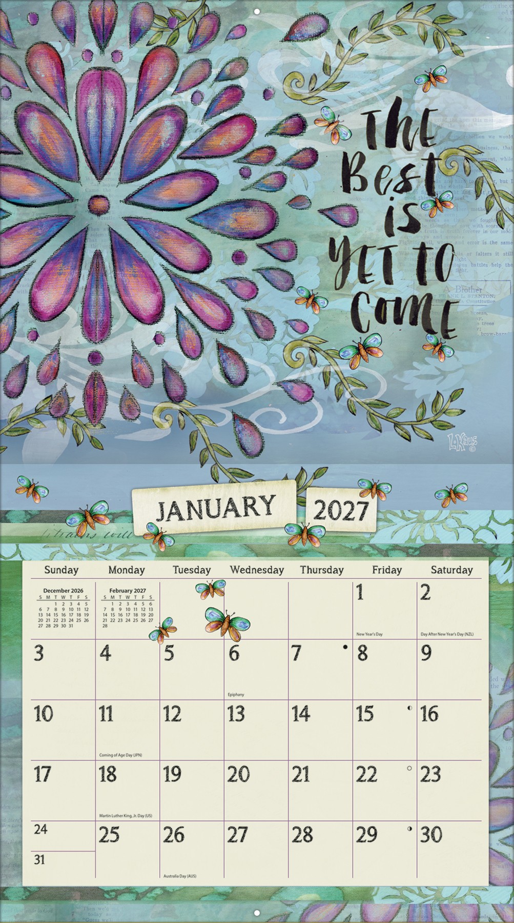 Wandkalender Color My World 2027 met detailweergave van één maand en kleurrijke kunstillustratie.