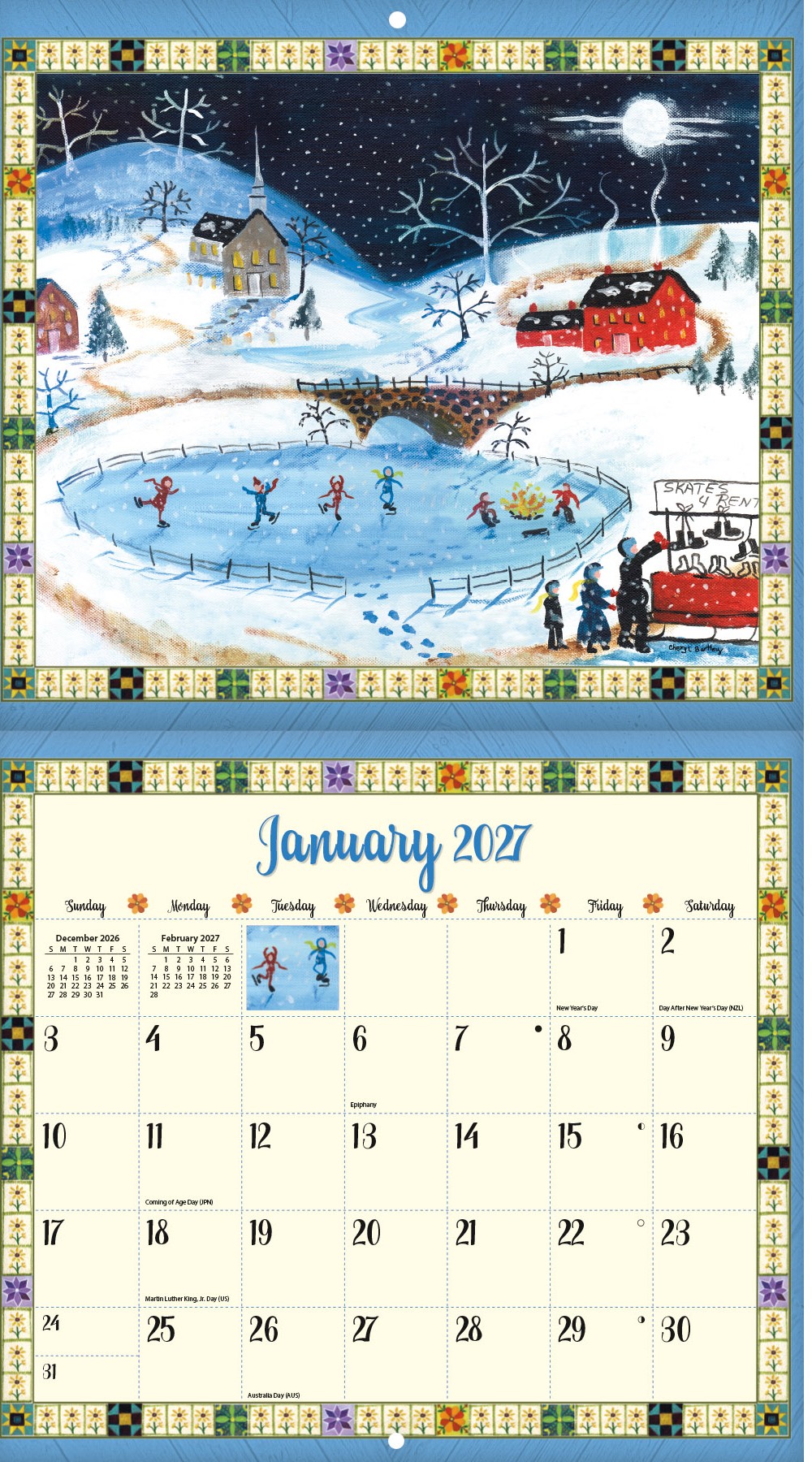 Wandkalender Country Sampler 2027 met detailweergave van één maand en landelijke folk art illustratie.