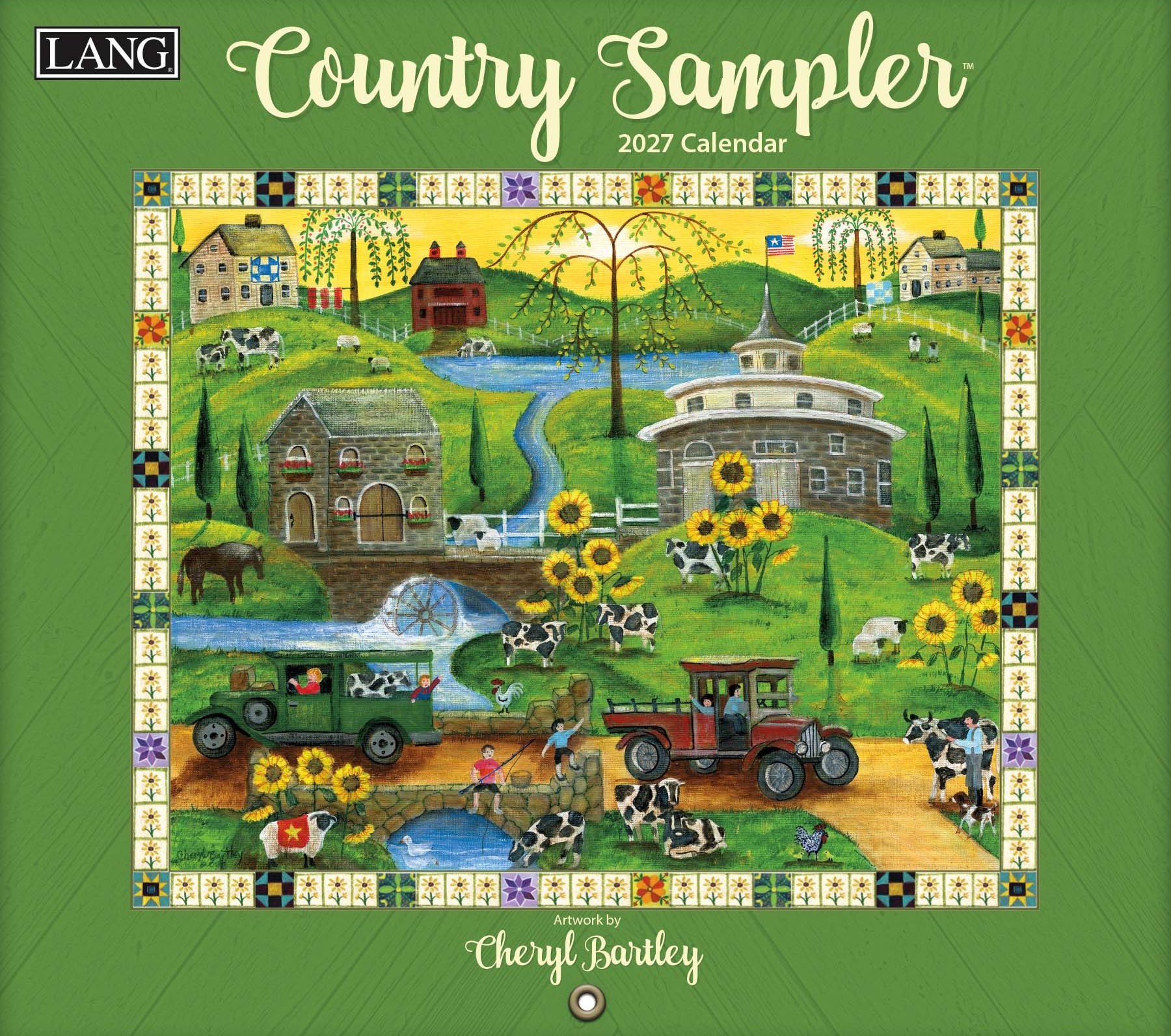 Wandkalender ‘Country Sampler 2027’ van Cheryl Bartley met landelijke folk art illustraties.