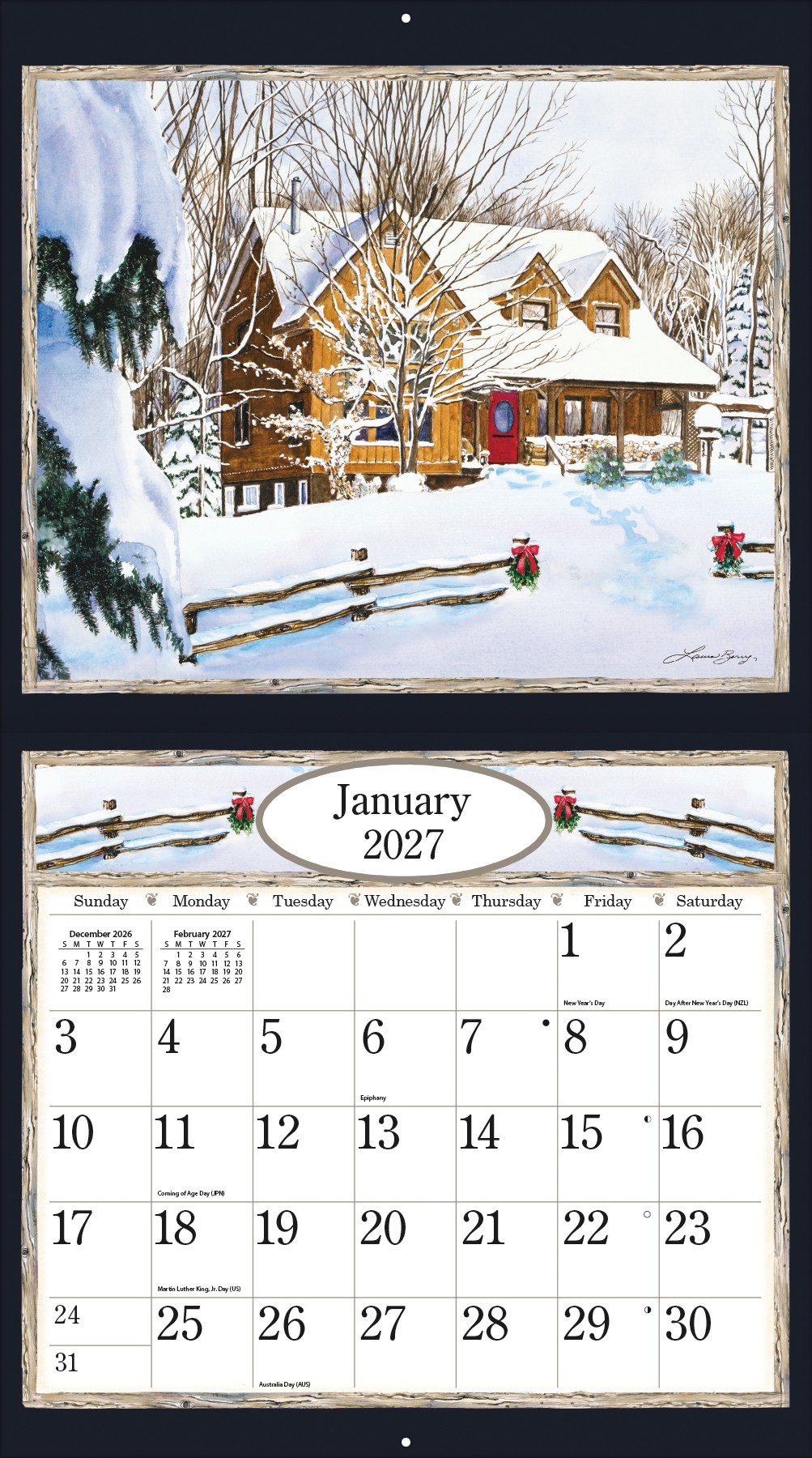 Country Welcome 2027 kalender van Laura Berry opengevouwen met voorbeeld van één maand.