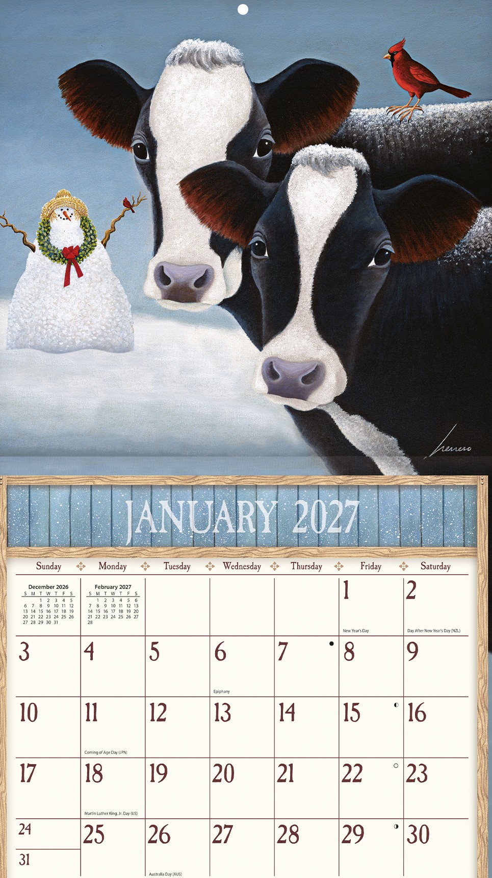 Cows Cows Cows 2027 Lang Kalender 27991001909-03 Wandkalender Cows Cows Cows 2027 met detailweergave van één maand en koeienillustratie.