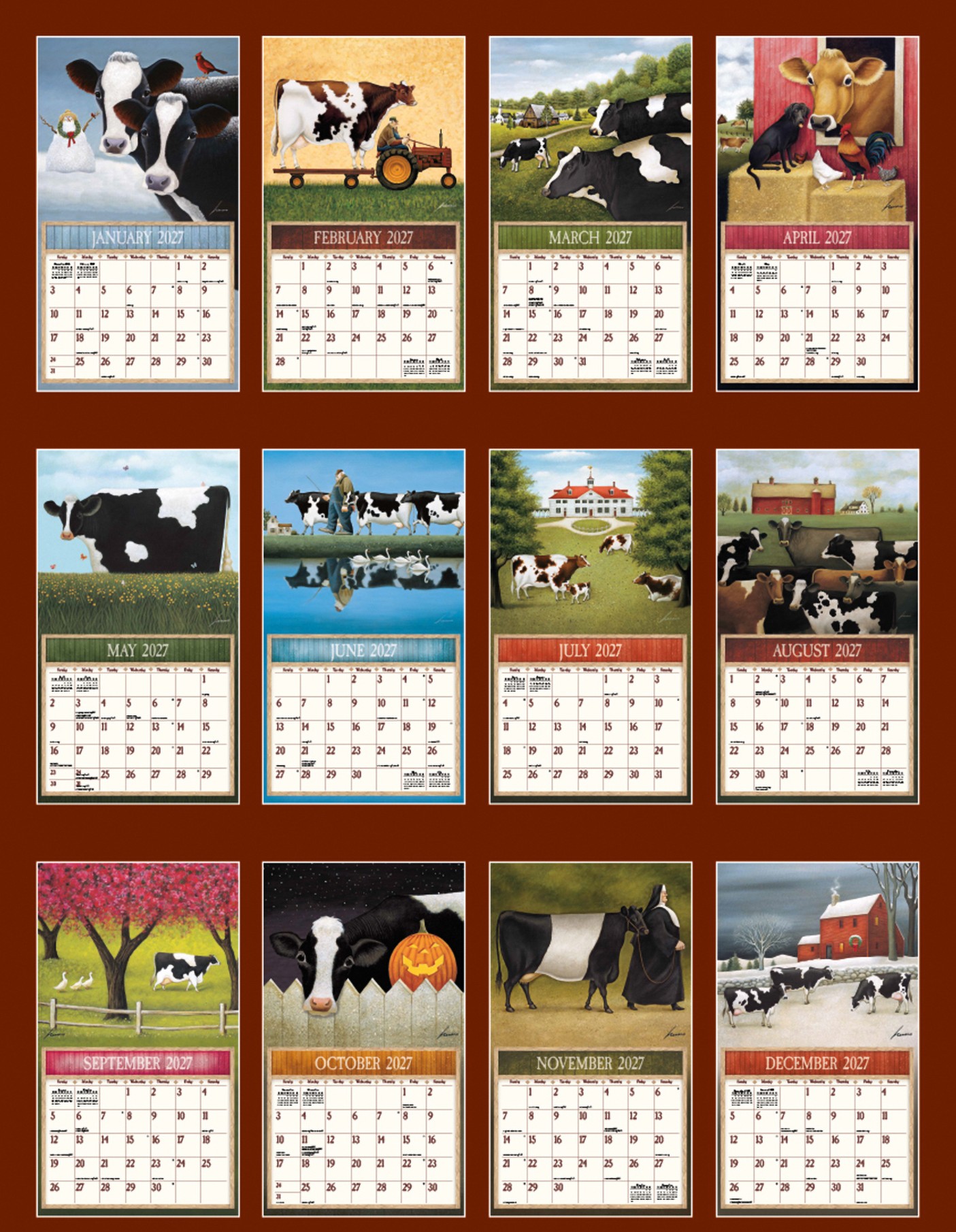 Cows Cows Cows 2027 Lang Kalender 27991001909-1 Overzicht van alle 12 maanden van de Cows Cows Cows 2027 kalender van Lowell Herrero.