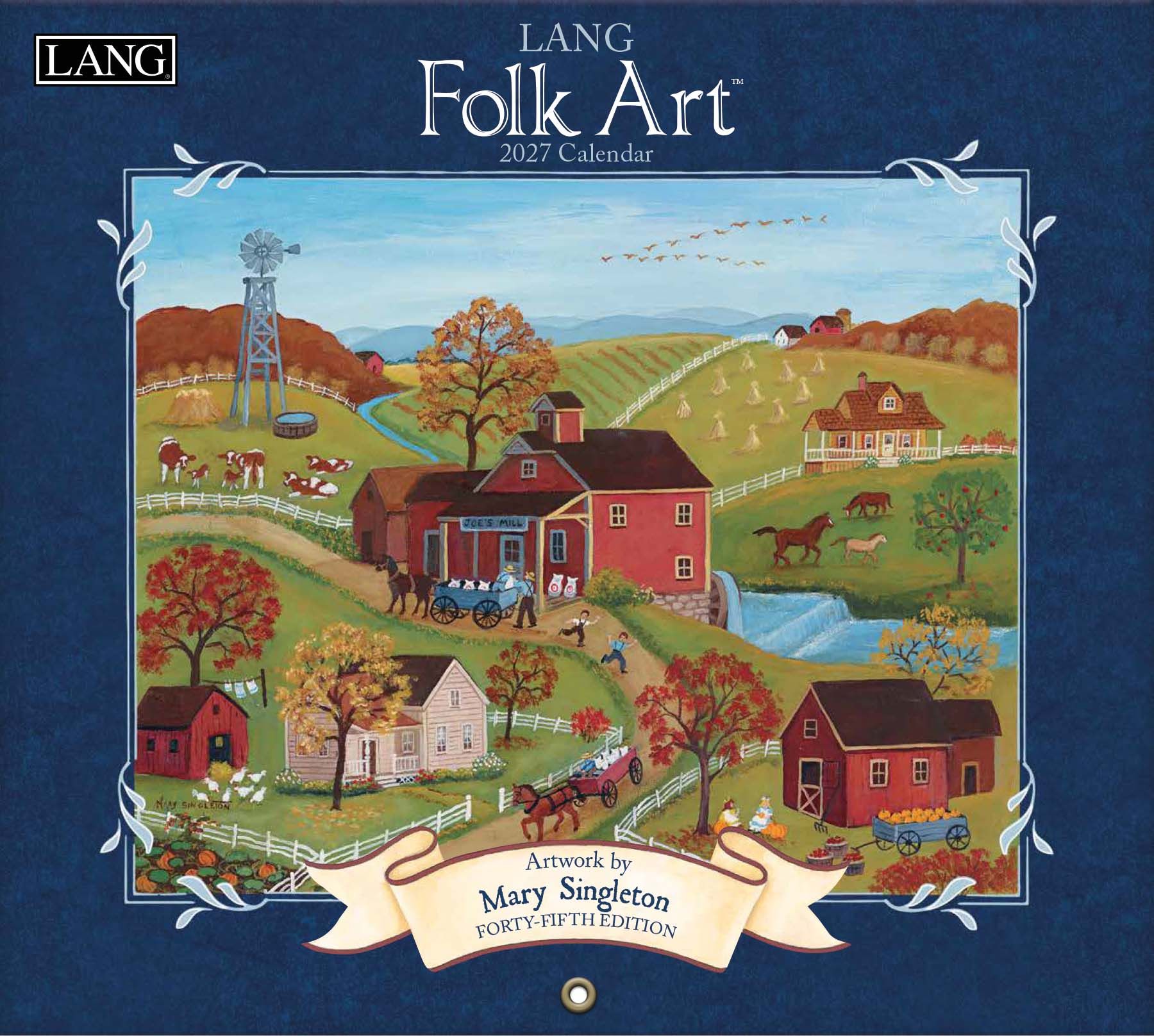 2027 kalender met Folk Art thema en kleurrijke, decoratieve kunstwerken
