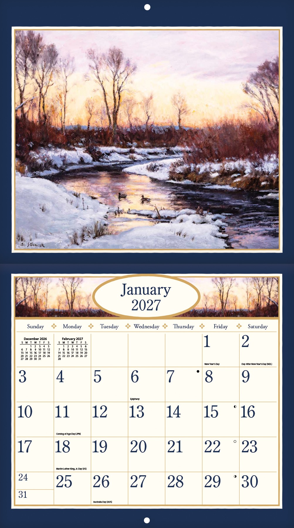 Four Seasons 2027 Lang Kalender 27991001911-03 Kalender van Lee Stroncek opengevouwen met volledige indeling zichtbaar aan de muur.