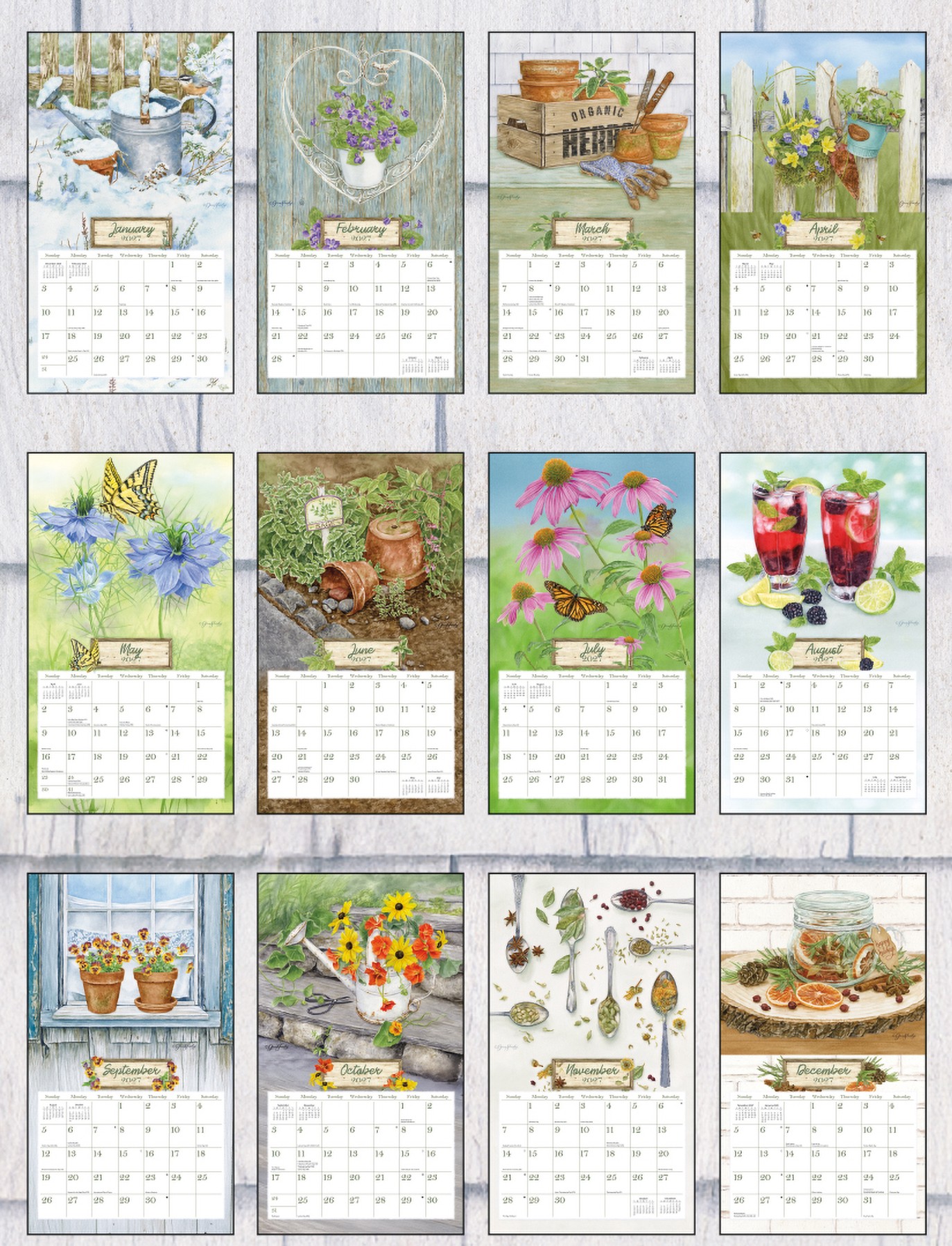 Herb Garden 2027 Lang Kalender 27991001914-2 Herb Garden kalender met alle maandillustraties van kruiden en botanische tuinplanten in één overzicht.