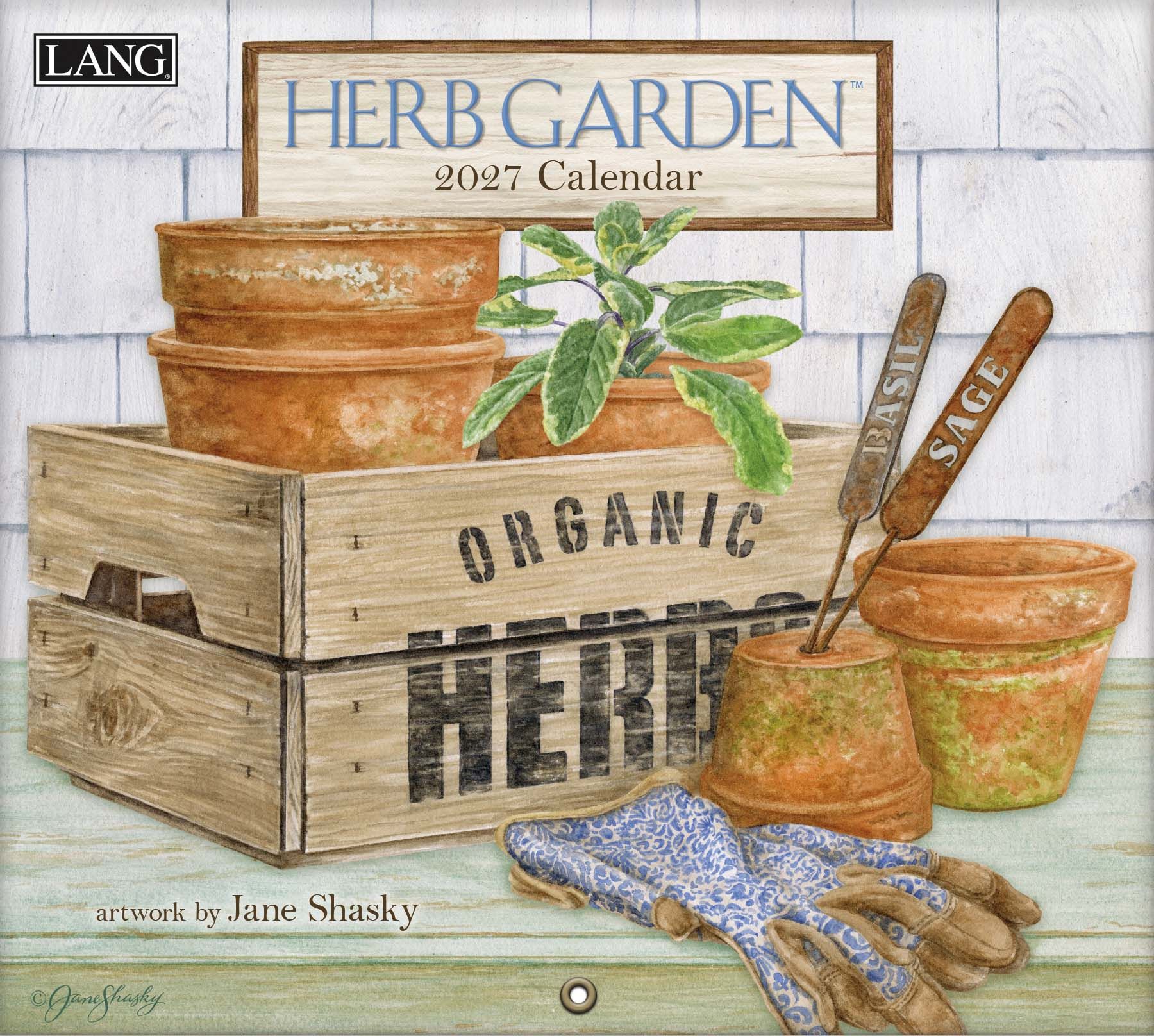 Wandkalender ‘Herb Garden 2027’ met botanische illustraties van kruiden en tuinplanten.