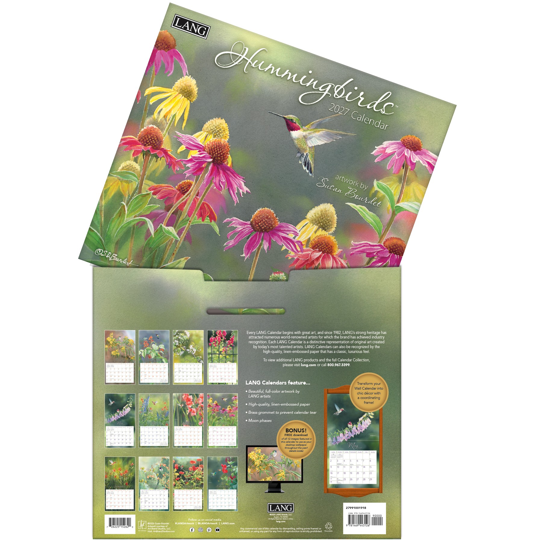 Hummingbirds 2027 Lang Kalender 27991001918-04 Susan Bourdet Hummingbirds 2027 kalender in een handige en luxe bewaarhoes.