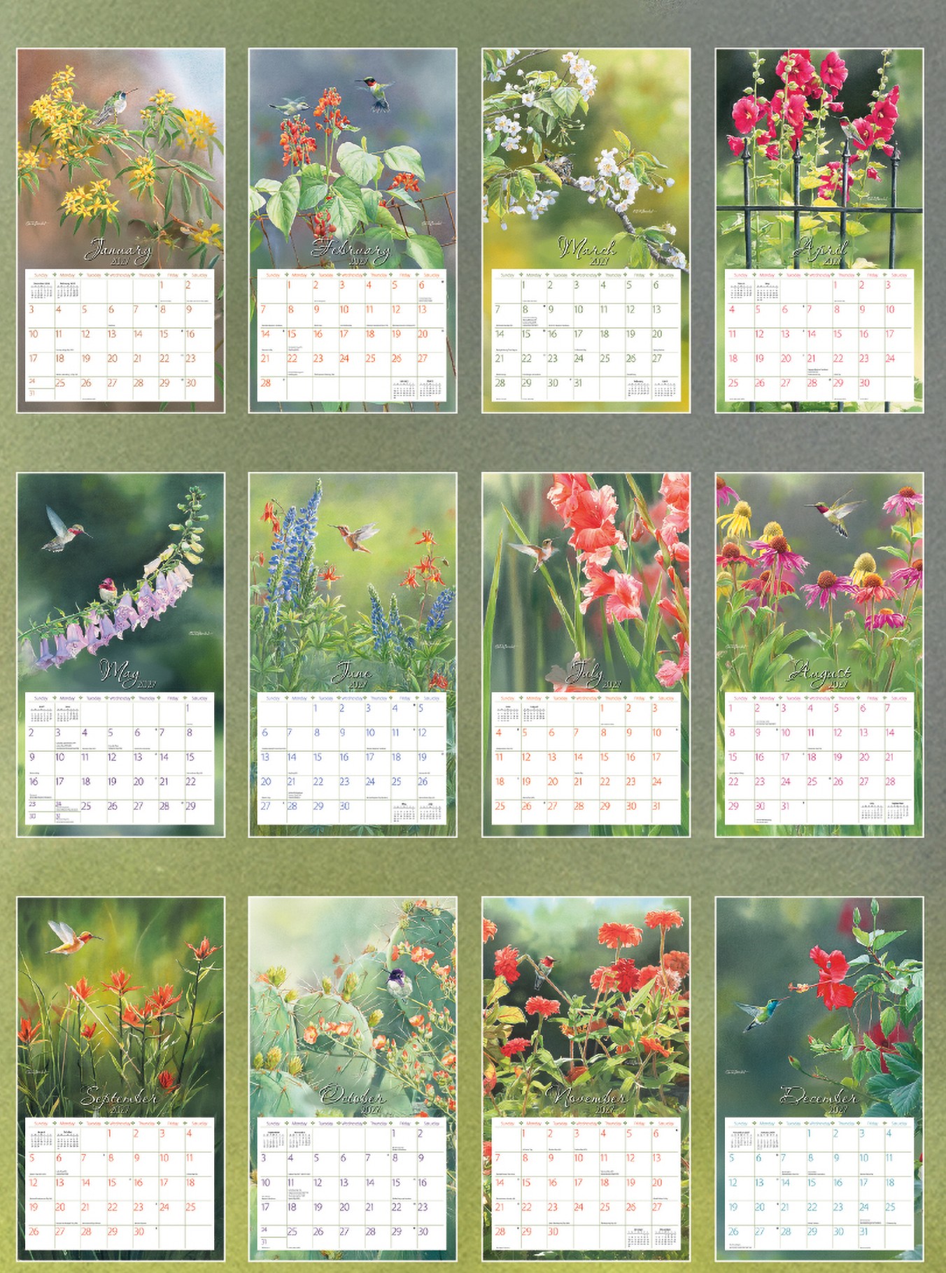 Hummingbirds 2027 Lang Kalender 27991001918-1 2027 Hummingbirds kalender met alle maandillustraties van kolibries en bloemen in één overzicht.