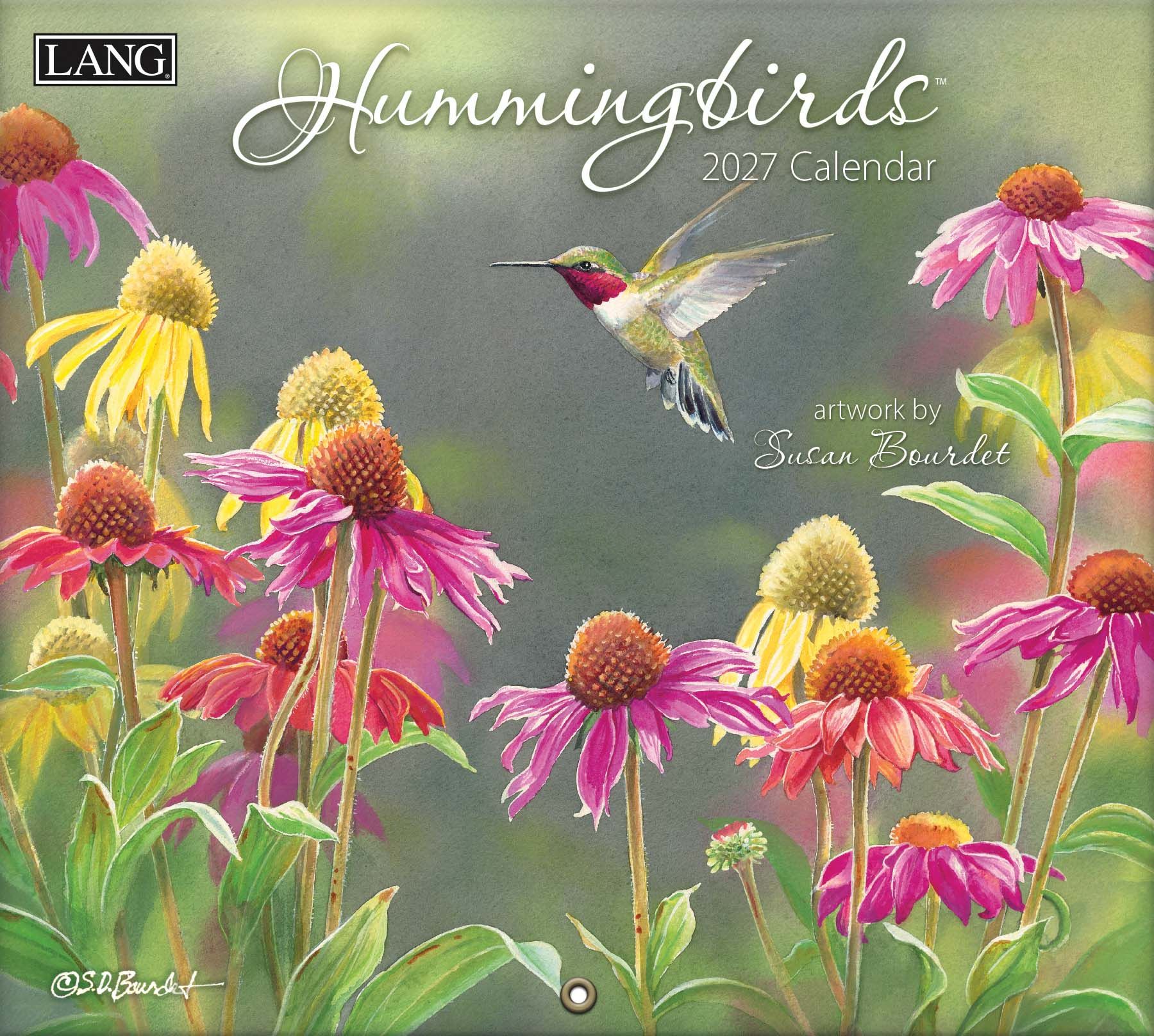 Wandkalender ‘Hummingbirds 2027’ van Susan Bourdet met realistische kolibrie-illustraties.