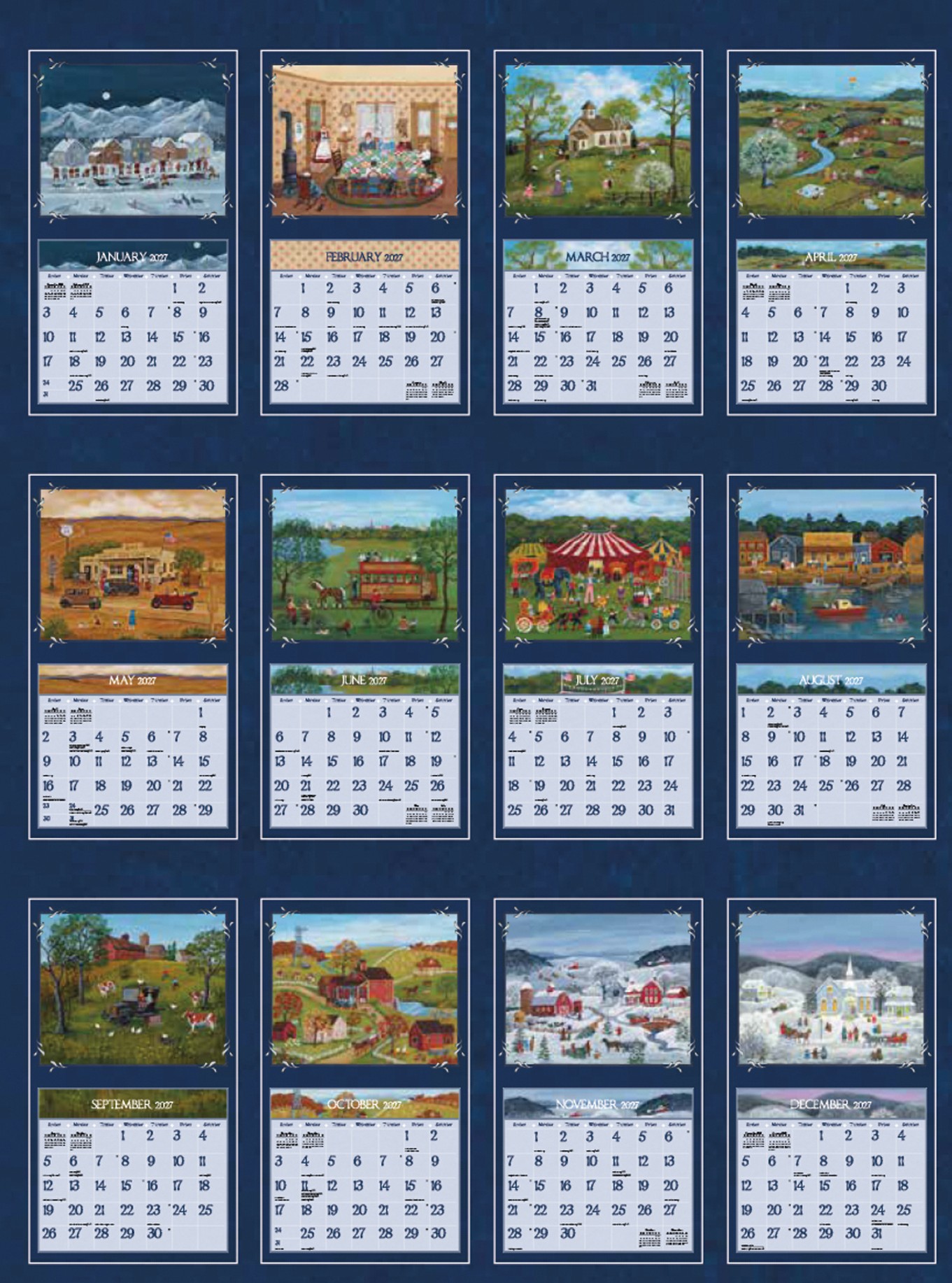Lang Folk Art 2027 Lang Kalender 12 maand overzicht 2027 Linda Nelson Stocks kalender met alle maandillustraties van landelijke folk art in één overzicht.