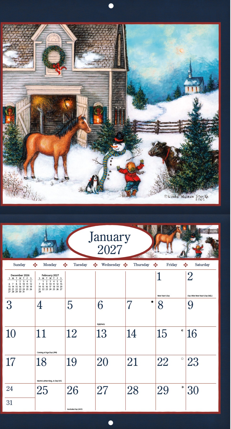 Linda Nelson Stocks 2027 kalender opengevouwen met voorbeeld van één maand in folk art stijl.