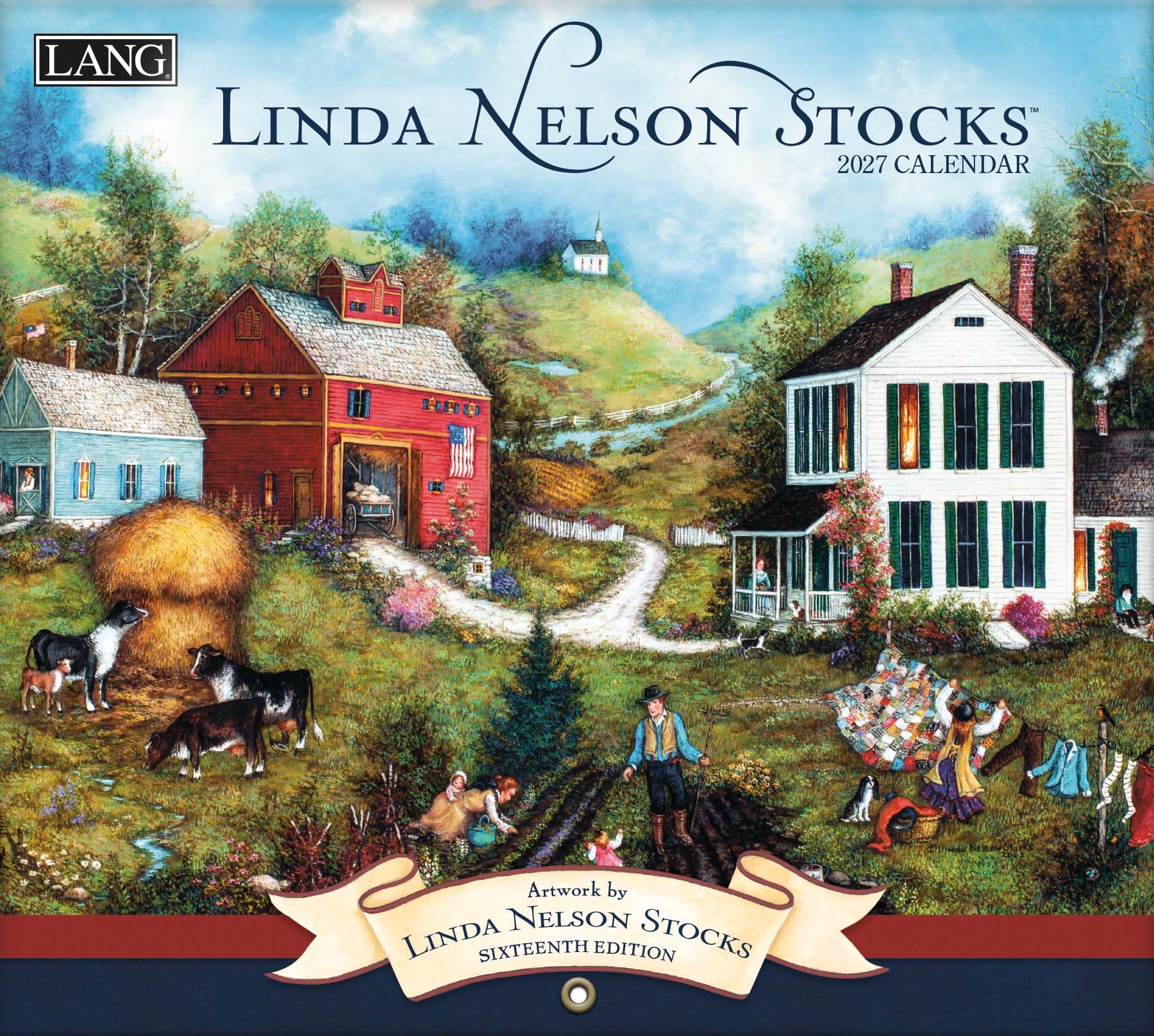 Wandkalender van Linda Nelson Stocks met sfeervolle Folk Art afbeeldingen.