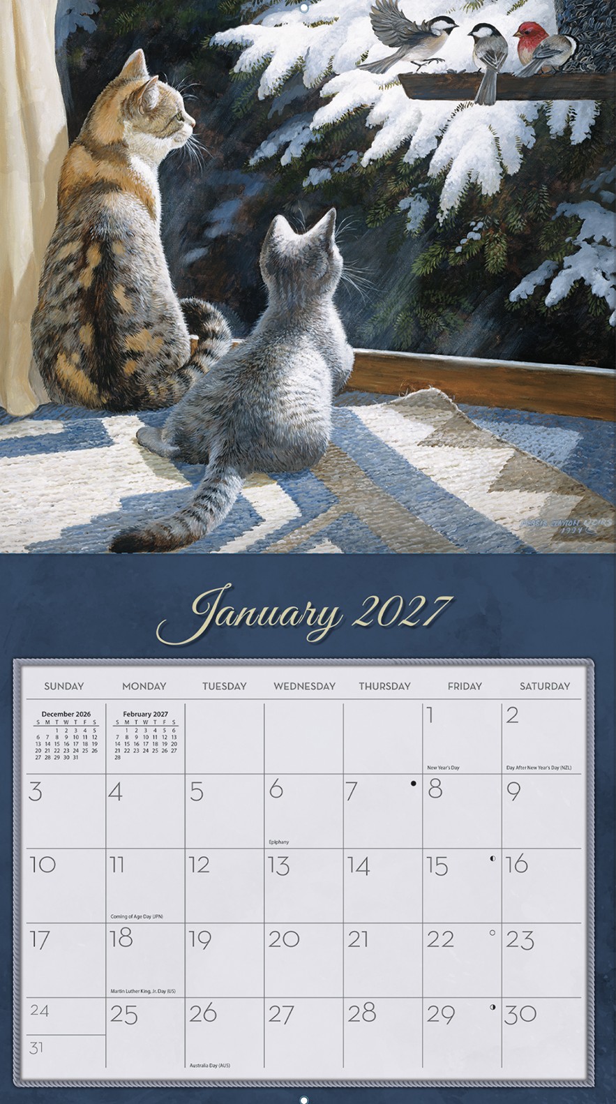 Wandkalender Love of Cats 2027 met detailweergave van één maand uit de 12 maanden.