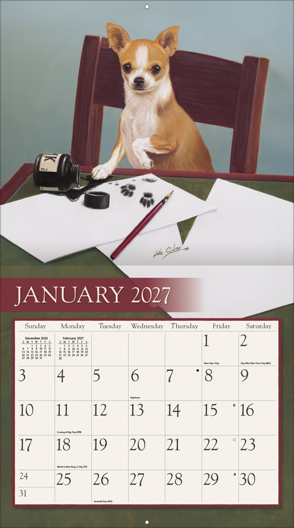 Wandkalender Love of Dogs 2027 met detailweergave van één maand met hondenillustratie.