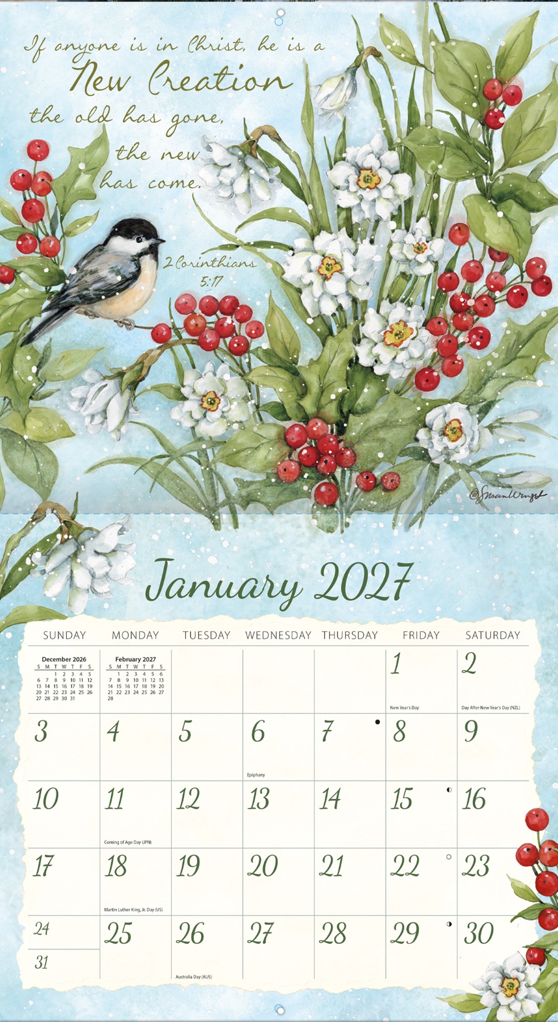 Nature’s Grace 2027 kalender van Susan Winget opengevouwen met voorbeeld van één maand.