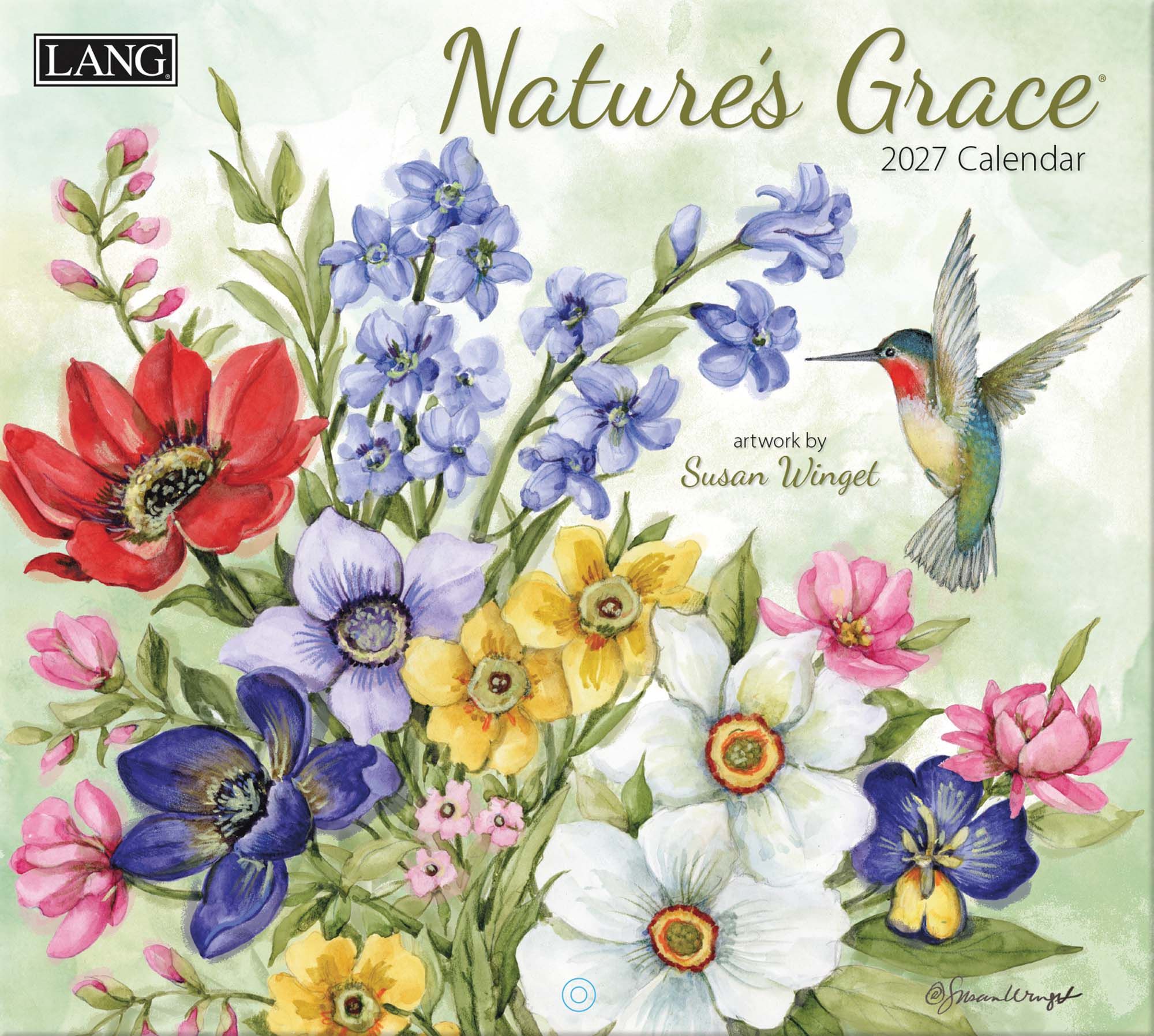 Wandkalender ‘Nature’s Grace 2027’ van Susan Winget met sfeervolle natuur- en bloemenillustraties.