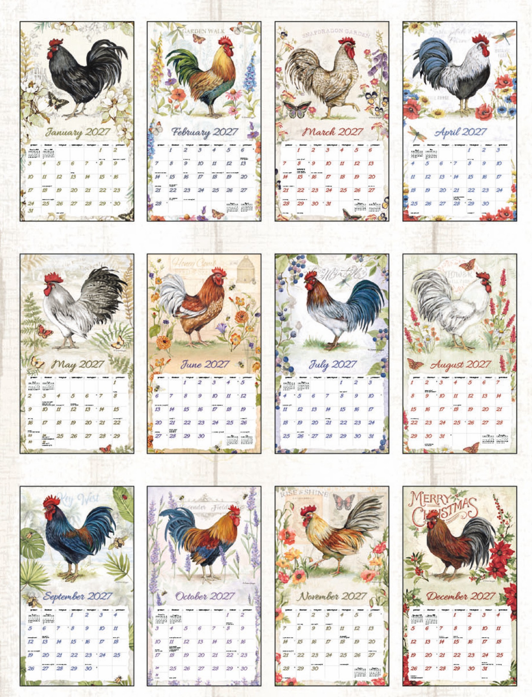 Proud Rooster 2027 Lang Kalender 27991001936-1 Weergave van de 12 maanden van de Proud Rooster wandkalender met kleurrijke boerderij- en haanillustraties.