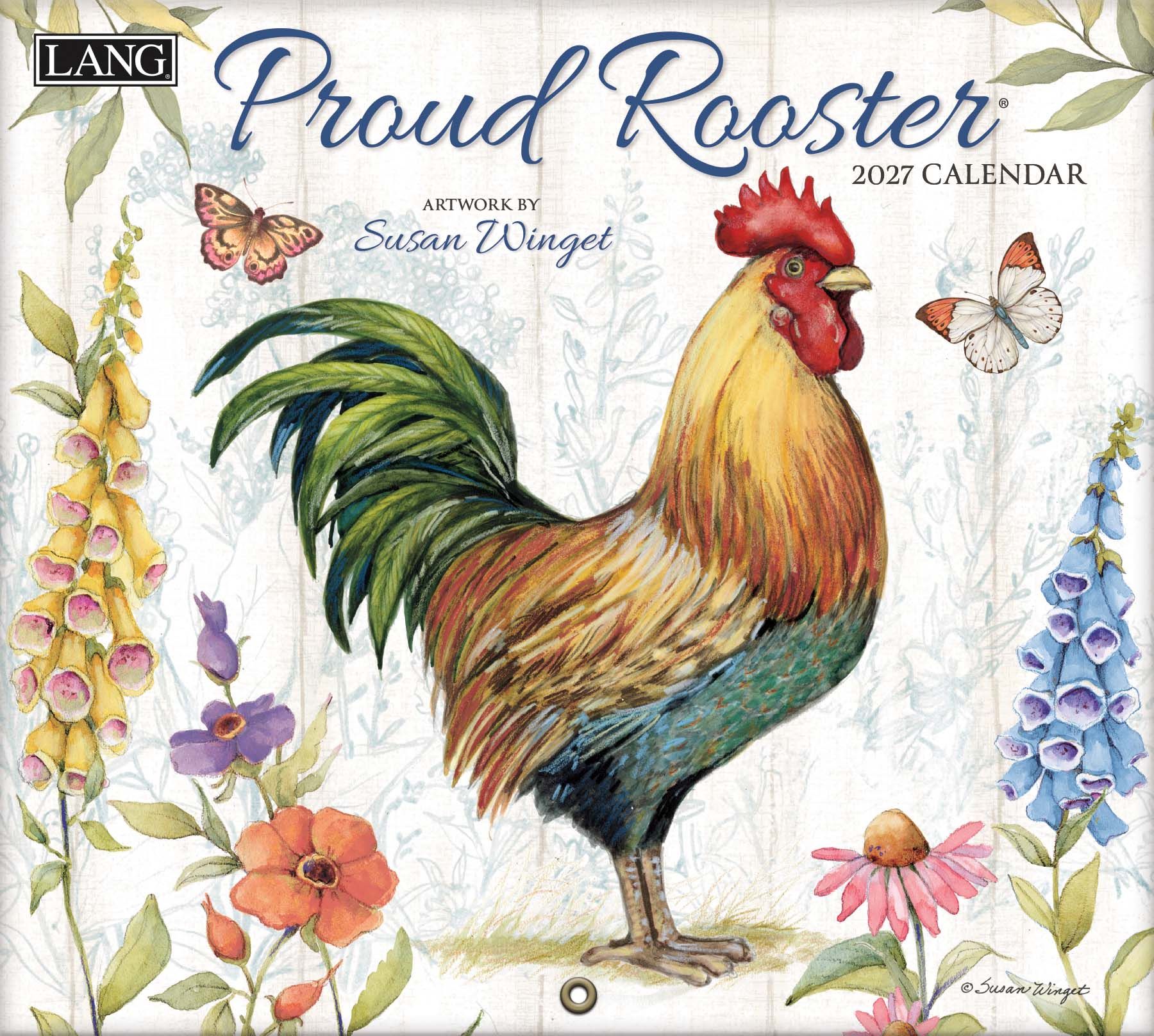 Wandkalender ‘Proud Roosters 2027’ van Lowell Herrero met kleurrijke hanenillustraties.
