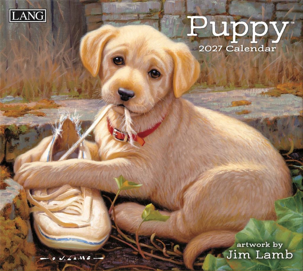 Wandkalender ‘Puppy Kalender 2027’ van Jim Lamb met realistische puppy-illustraties.