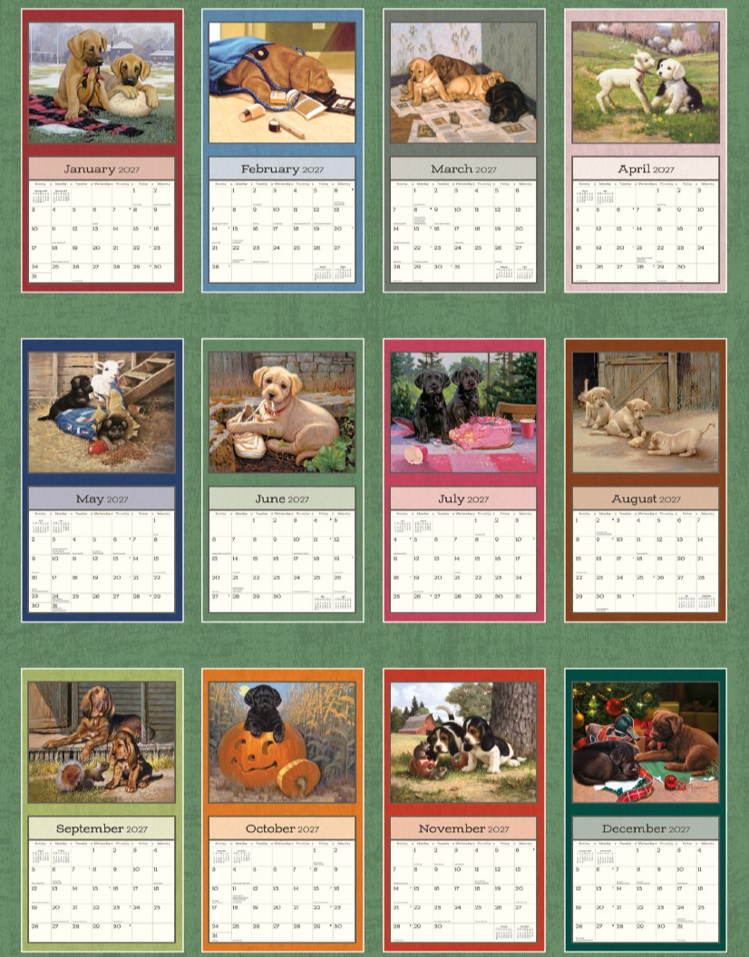 Puppy 2027 Lang Kalender 27991001937-02 Weergave van de 12 maanden van de Puppy wandkalender met puppy-schilderijen.