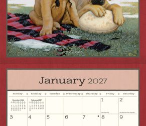 Wandkalender Puppy 2027 uitgeklapt met detailweergave van één maand en puppy-illustratie.