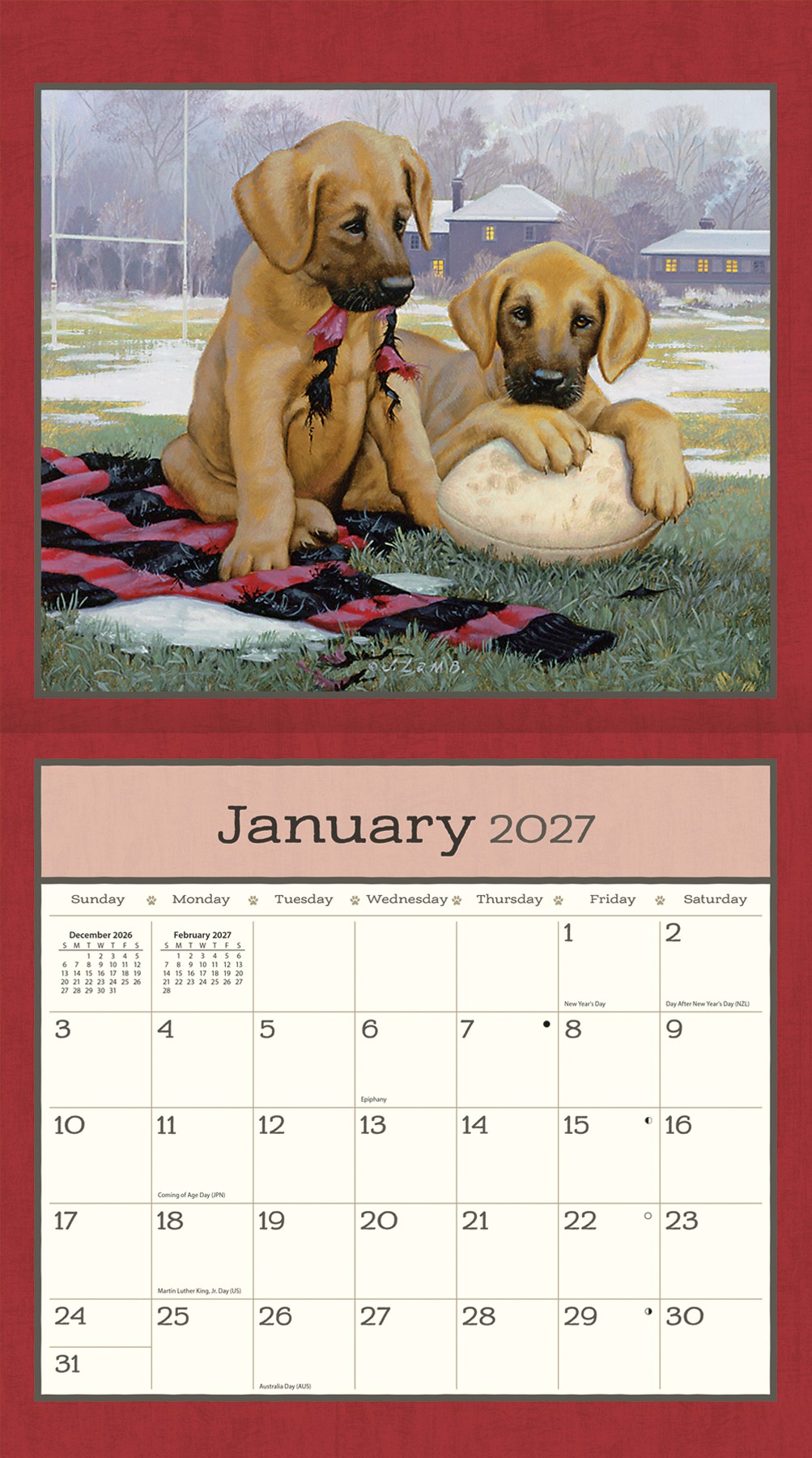 Wandkalender Puppy 2027 uitgeklapt met detailweergave van één maand en puppy-illustratie.