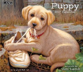 Wandkalender ‘Puppy Kalender 2027’ van Jim Lamb met realistische puppy-illustraties.