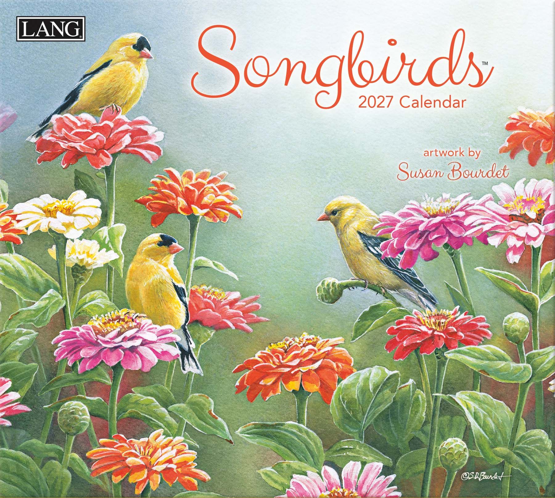 Susan Bourdet Songbirds 2027 kalender met gedetailleerde vogel- en natuurillustraties.