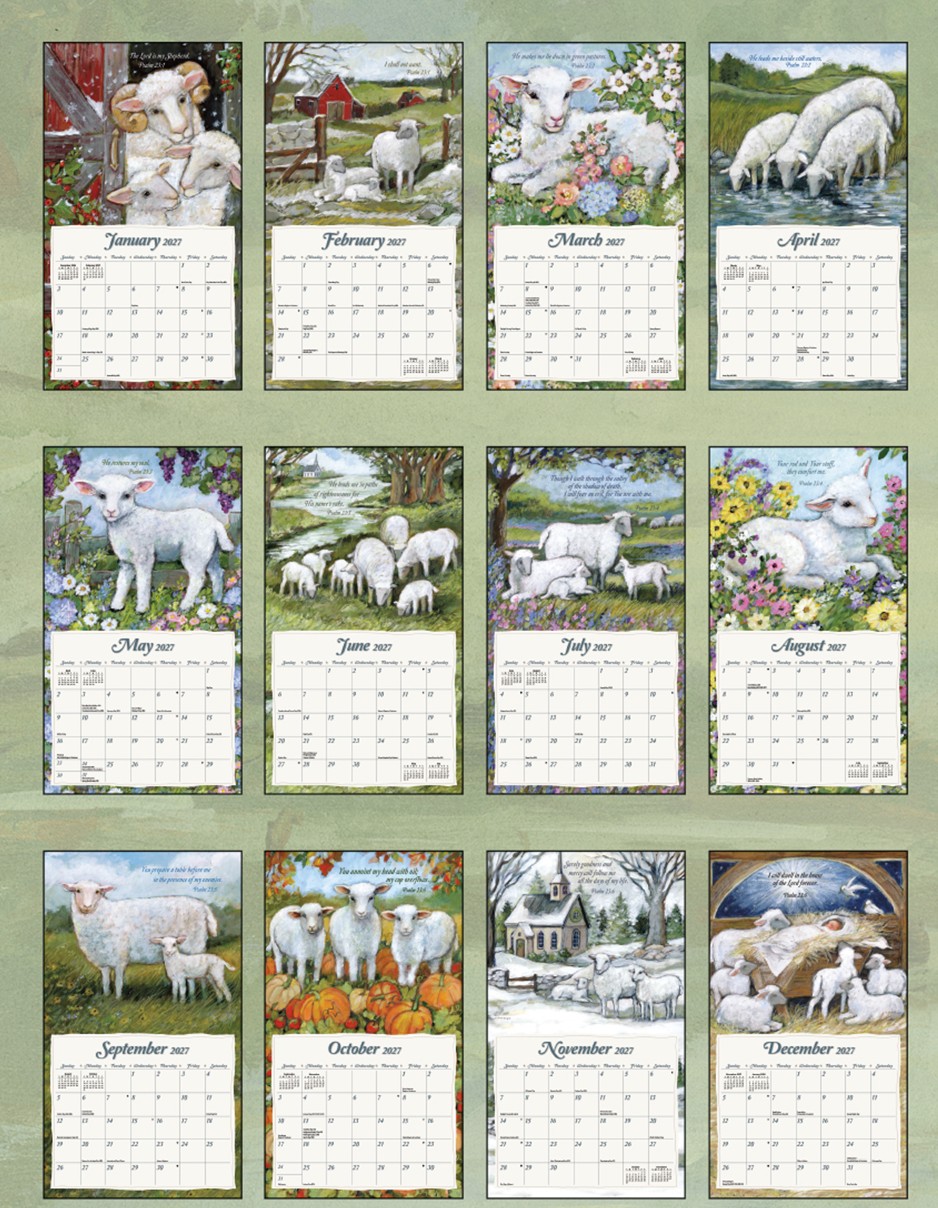 The Lord is my Shepherd 2027 Lang Kalender 27991002000-02 Weergave van de 12 maanden van de The Lord Is My Shepherd wandkalender met christelijke illustraties en teksten.