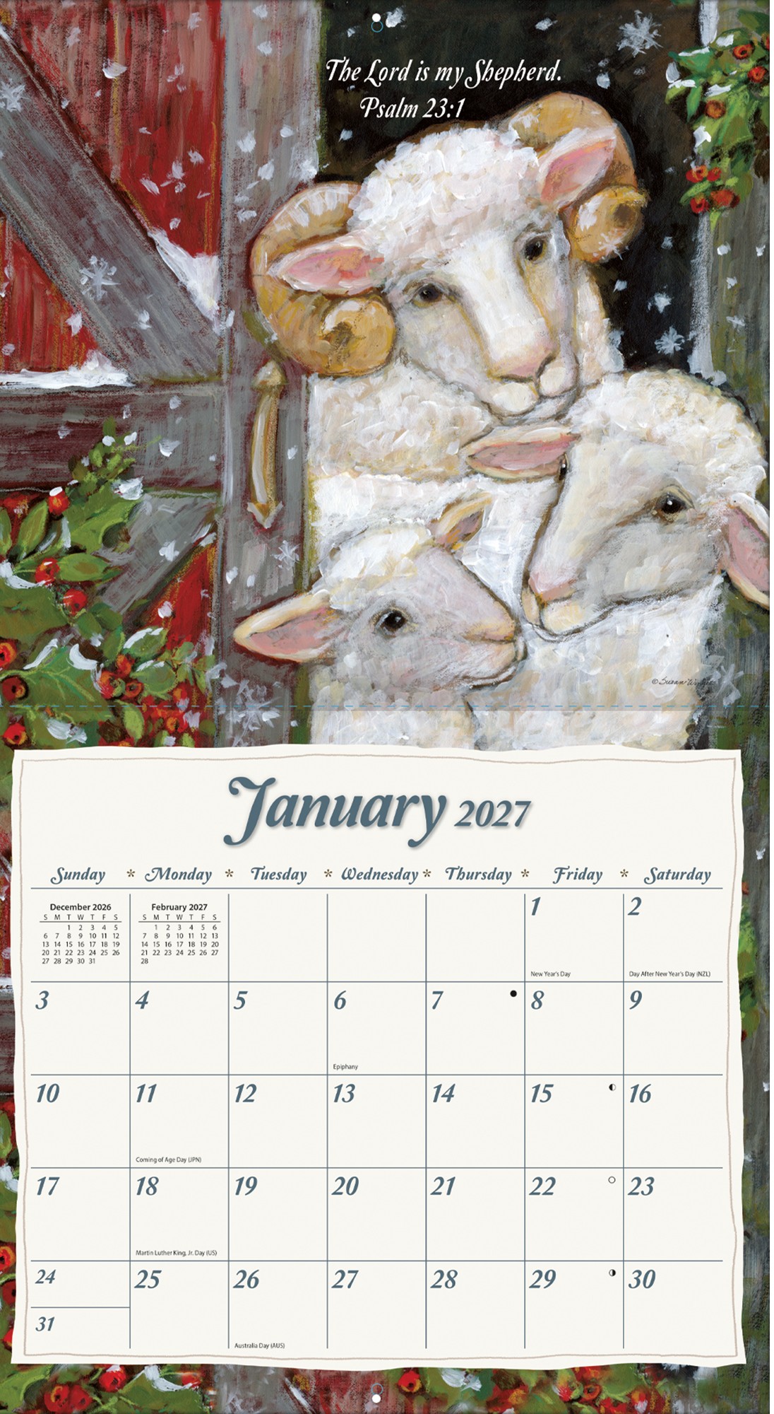 Wandkalender The Lord Is My Shepherd 2027 met detailweergave van één maand en religieuze illustratie.